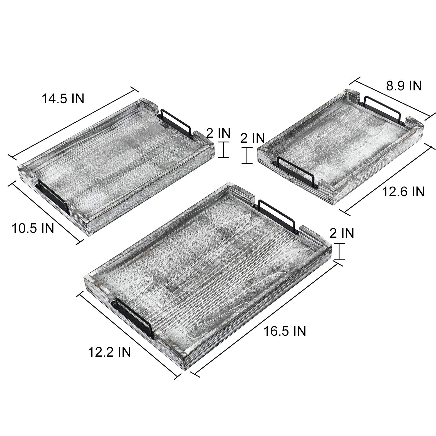 VERGOODR Set of 3 Rustic Torched Wood Nesting Breakfast Serving Trays with Handles - White Grayish | Farmhouse Style Kitchen Decor for Coffee, Tea, Brunch & Entertaining