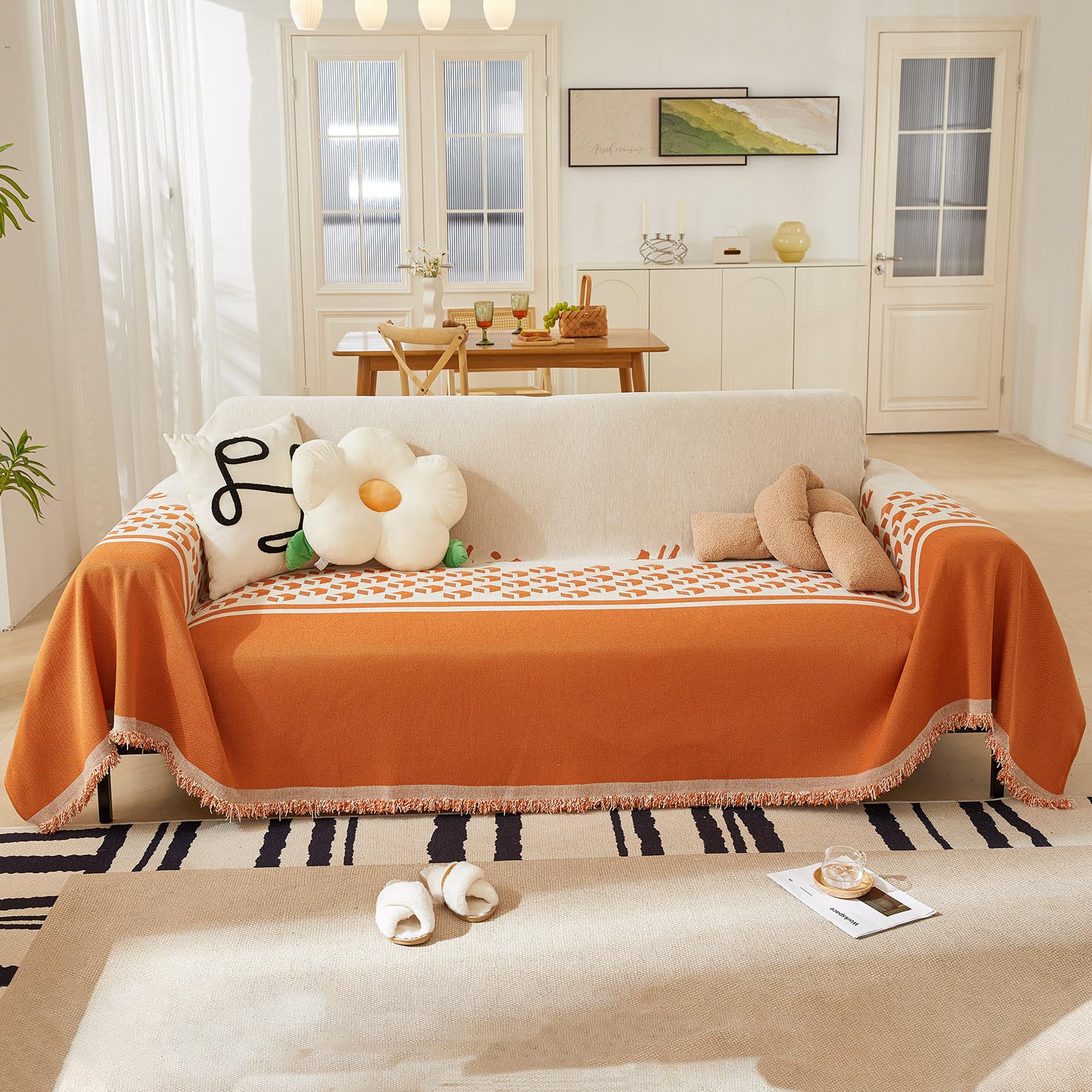 STACYPIK Orange Geometric Reversible Boho Sofa Cover - Anti-Wrinkle Sectional Couch Slipcover, Multi-Use Protector Blanket for Loveseat (71x118 Inches) - Perfect for Boho Living Room Decor & Sofa Protection
