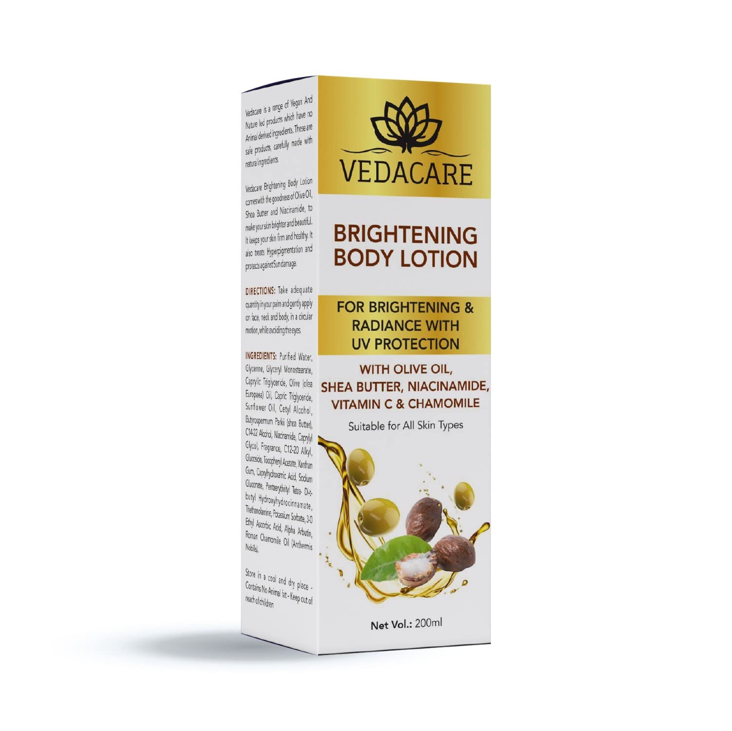Vedacare Brightening Body Lotion 200ml with Niacinamide, Olive Oil, Shea Butter & Vitamin C - Skin Lightening, Moisturizing & Sun Protection for Hyperpigmentation - Perfect for Daily Use, After Sun Care & Evening Skincare Routine