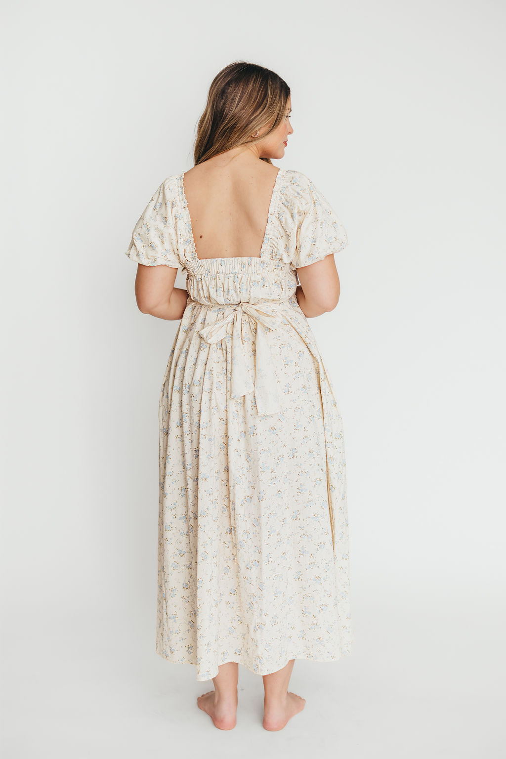 Finley 100% Cotton Peplum Midi Dress - Ivory & Blue - Bump & Nursing Friendly Maternity Dress for Pregnancy & Breastfeeding | Perfect for Casual Outings, Baby Showers & Nursing Dates