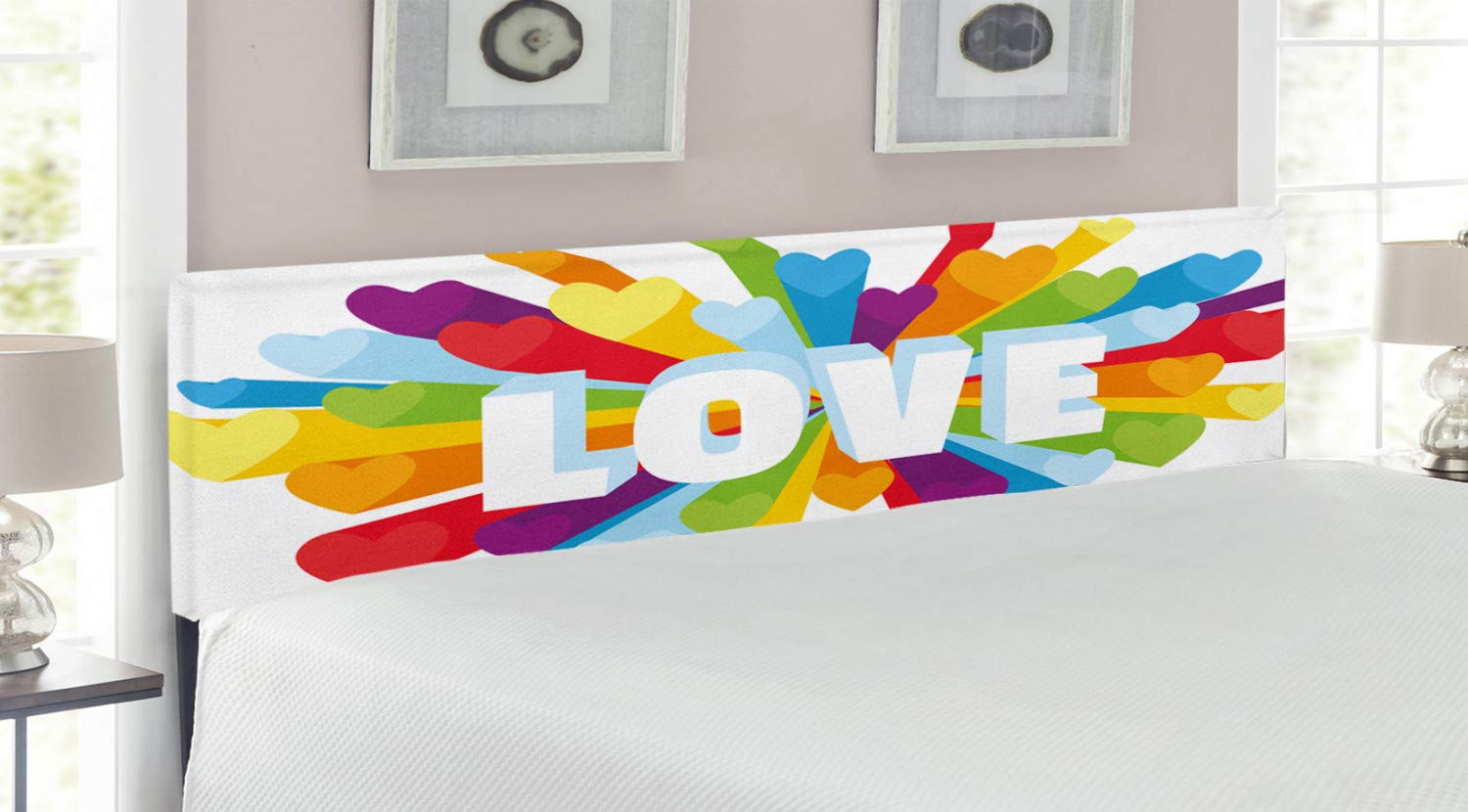 Ambesonne Pride Headboard - Colorful Hearts & LGBT Love Theme, Upholstered Metal Bed Headboard with Memory Foam, King Size, Multicolor - Perfect for LGBTQ+ Bedroom Decor & Romantic Master Suites