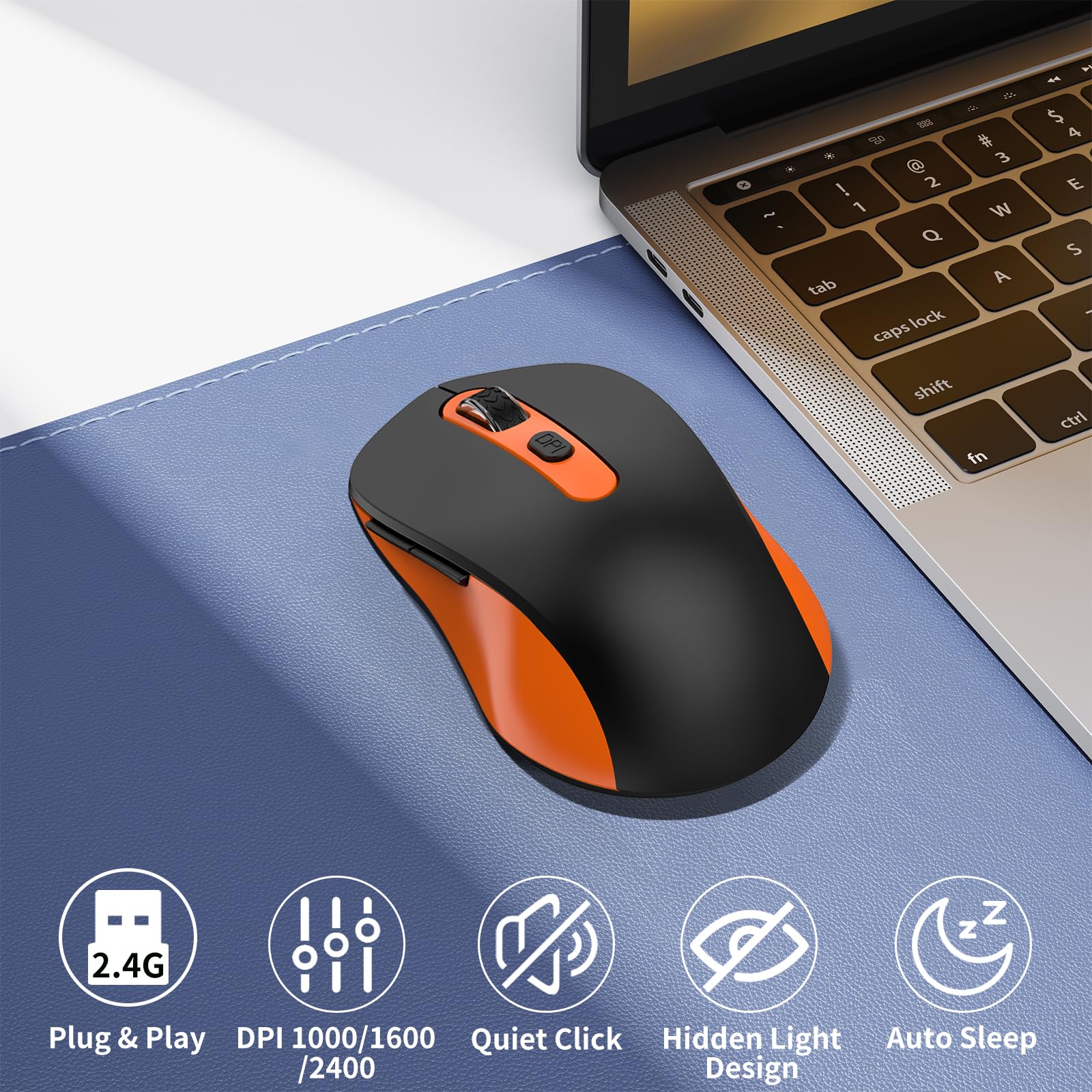 Wireless Silent Mouse for Laptop, PC, MacBook - 2400 DPI Ergonomic USB Mouse with Nano Receiver, 6 Buttons & Anti-Slip Grip - Black Orange - Perfect for Office, Home & Travel Use