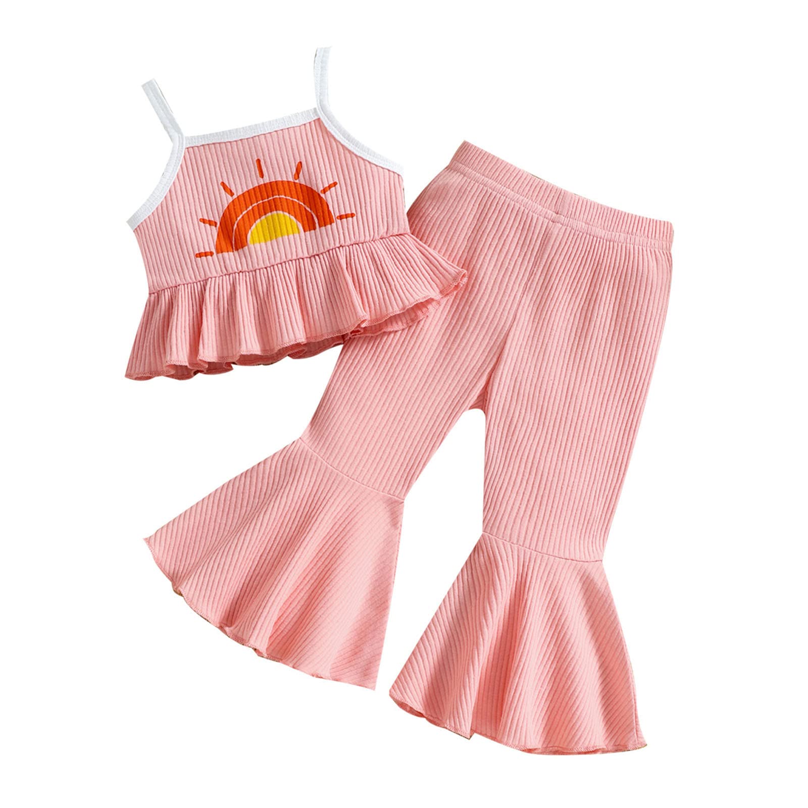 Sweet Baby Girl Outfits - Ruffled Sleeveless Vest & Flare Pants Set with Rainbow Print (Pink, 2-3 Years) | Toddler Birthday Gift, Photo Shoot, Party Wear & Casual Playtime