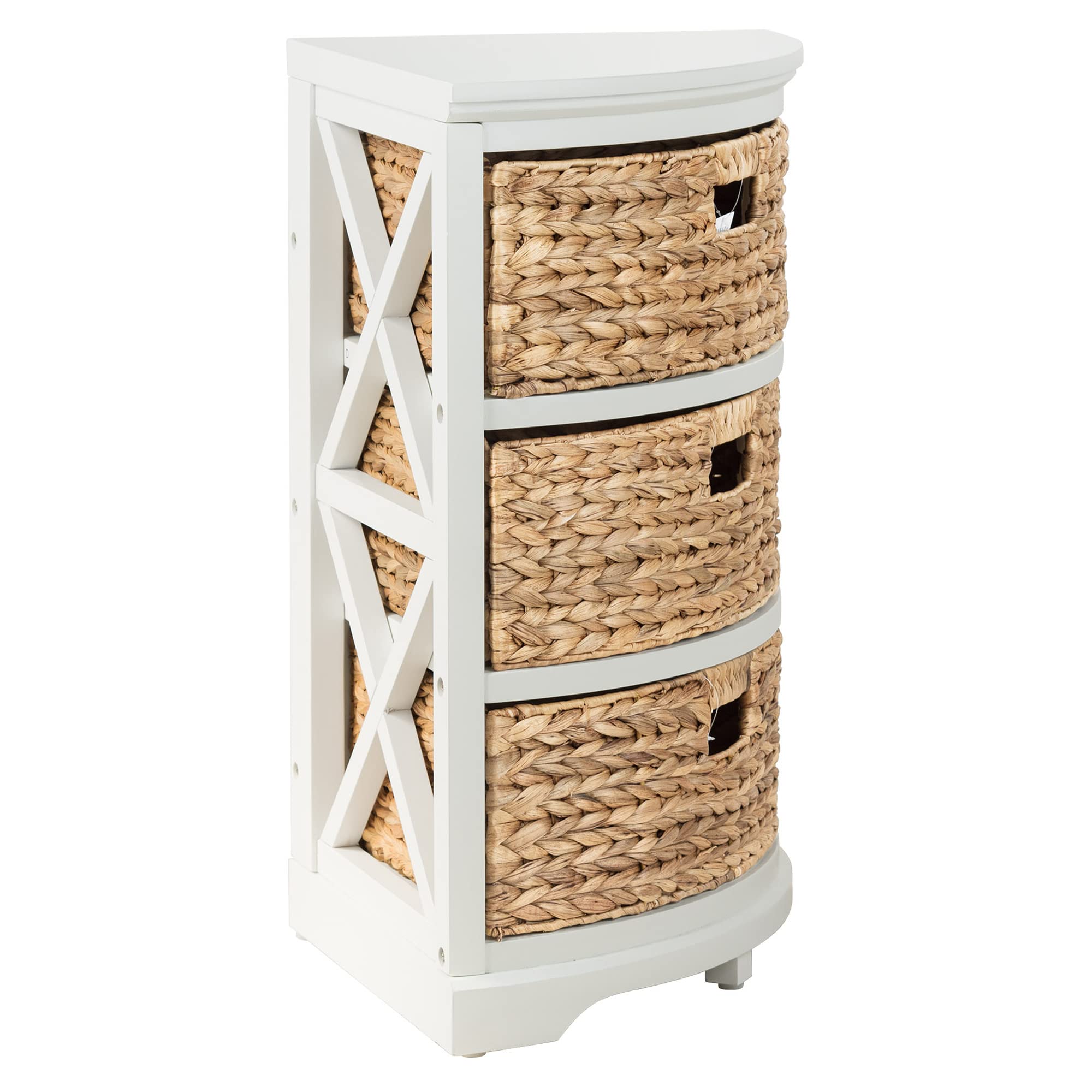 Hampton Meadows 3-Tier X-Side Corner Storage Cabinet with 3 Wicker Baskets - White | Space-Saving Organizer for Bedroom, Bathroom & Living Room | eHemco