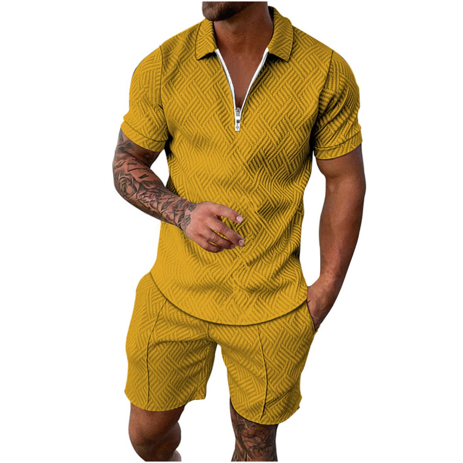 BOBT Men's Summer Casual Short Sleeve Zipper Pullover Sweatshirt - Solid Color Sports Shorts Set for Gym, Running & Outdoor Activities