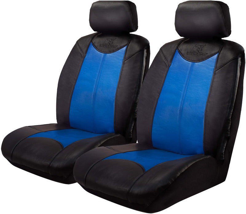 Black Bull Leather Look Seat Covers - Airbag Compatible & Safe (Black/Blue, Pair, Size 30) - Perfect for Car, Truck & SUV Interior Protection & Style Upgrade