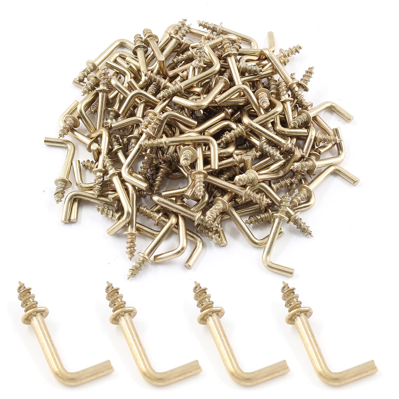 150pcs Gold L-Shaped Screw Hooks - 1/2 Inch Right Angle Hanging Hooks, Mini Square Bend Self-Tapping Metal Hooks for Wall Decor, Picture Frames, Curtains & DIY Projects - Bivethoi Tiny L Hooks