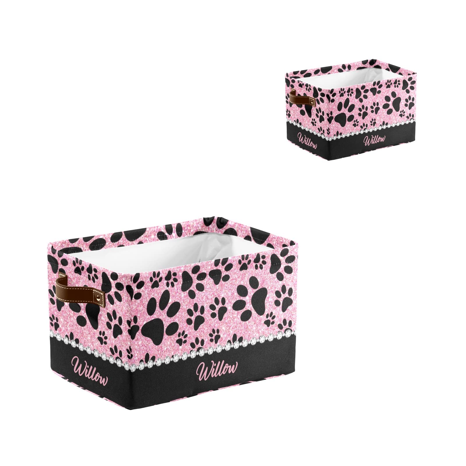 Personalized Dog Paw Pink Glitter Storage Bins - Durable Cubic Organizer Basket with Handle for Shelves, Wardrobe, Nursery & Toy Storage (1 Pack) - Perfect for Pet Lovers' Home Organization & Kids' Room Decor