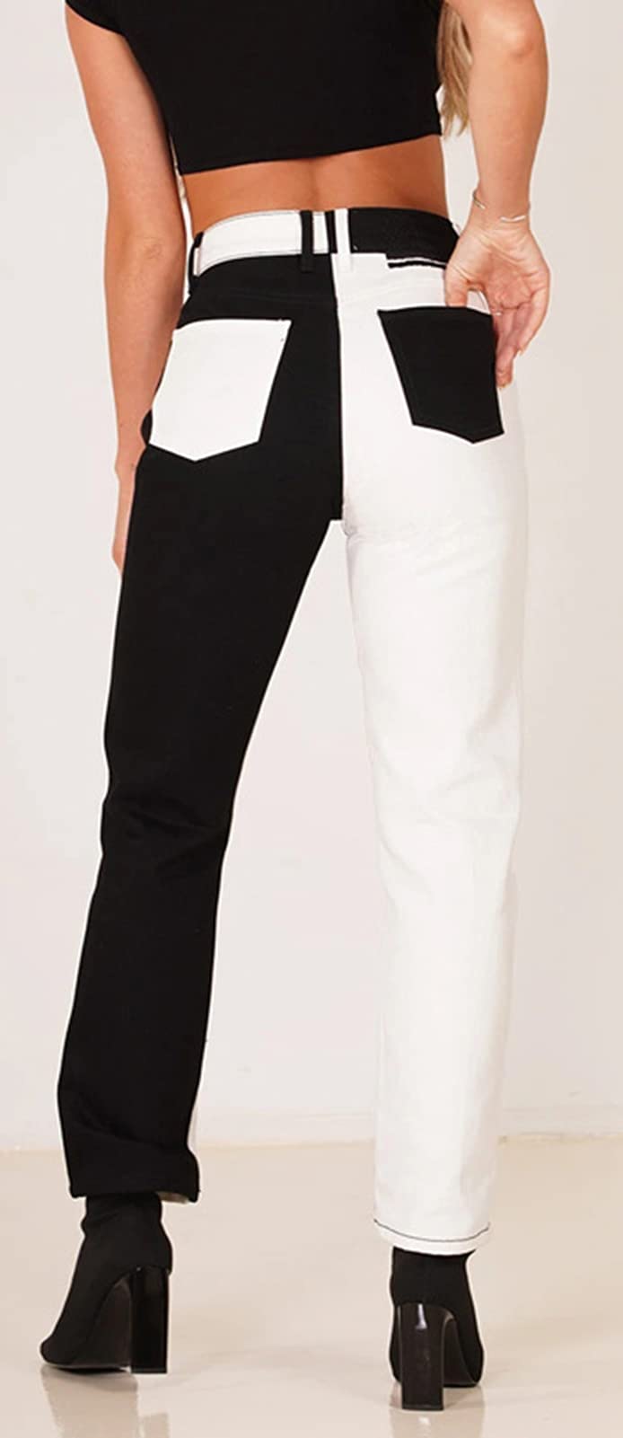Women's High Waist Straight Leg Denim Jeans - Frayed Raw Hem & Casual Patchwork Design for Everyday Wear | Perfect for Work, Date Night & Weekend Outfits