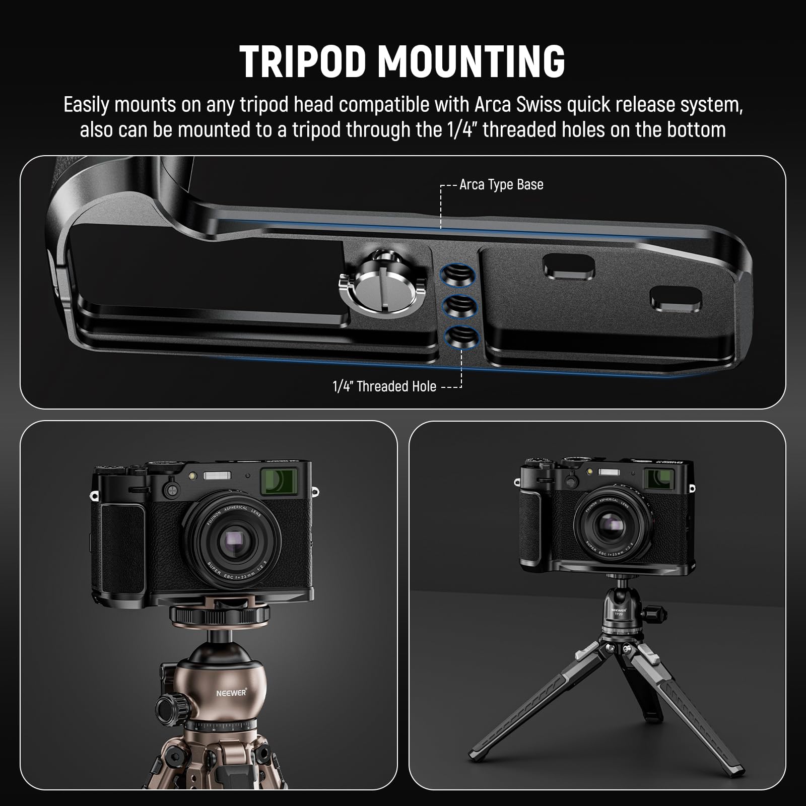 NEEWER X100VI Baseplate for Fujifilm X100VI & X100V Cameras - L-Shaped Bracket with Ergonomic Handgrip, Arca-Swiss Tripod Compatible (Black, Model CA084) - Perfect for Street Photography & Travel Shooting