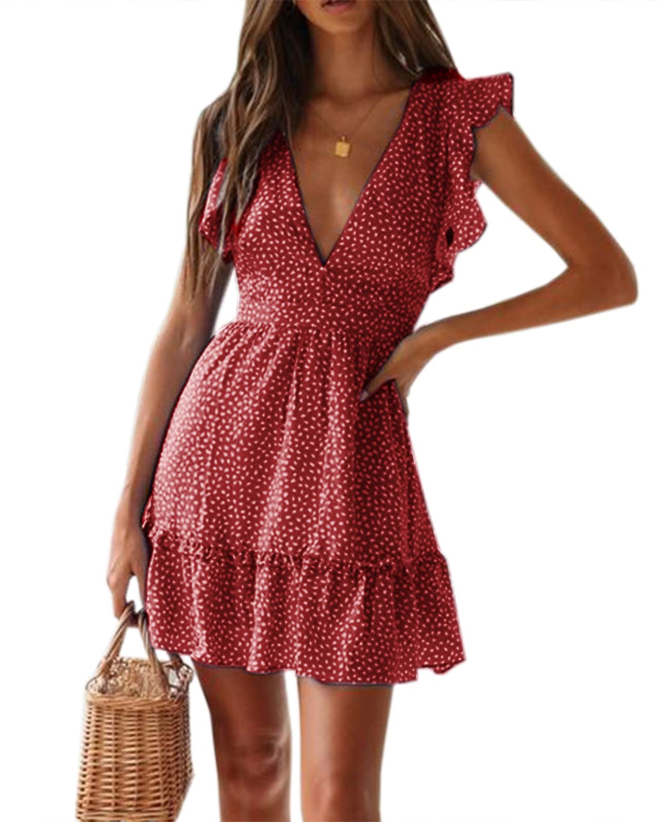 Sexy Floral Mini Dress for Women - V Neck Ruffled Flutter Sleeve Polka Dot Summer Dress | Perfect for Beach Vacations, Date Nights & Summer Parties