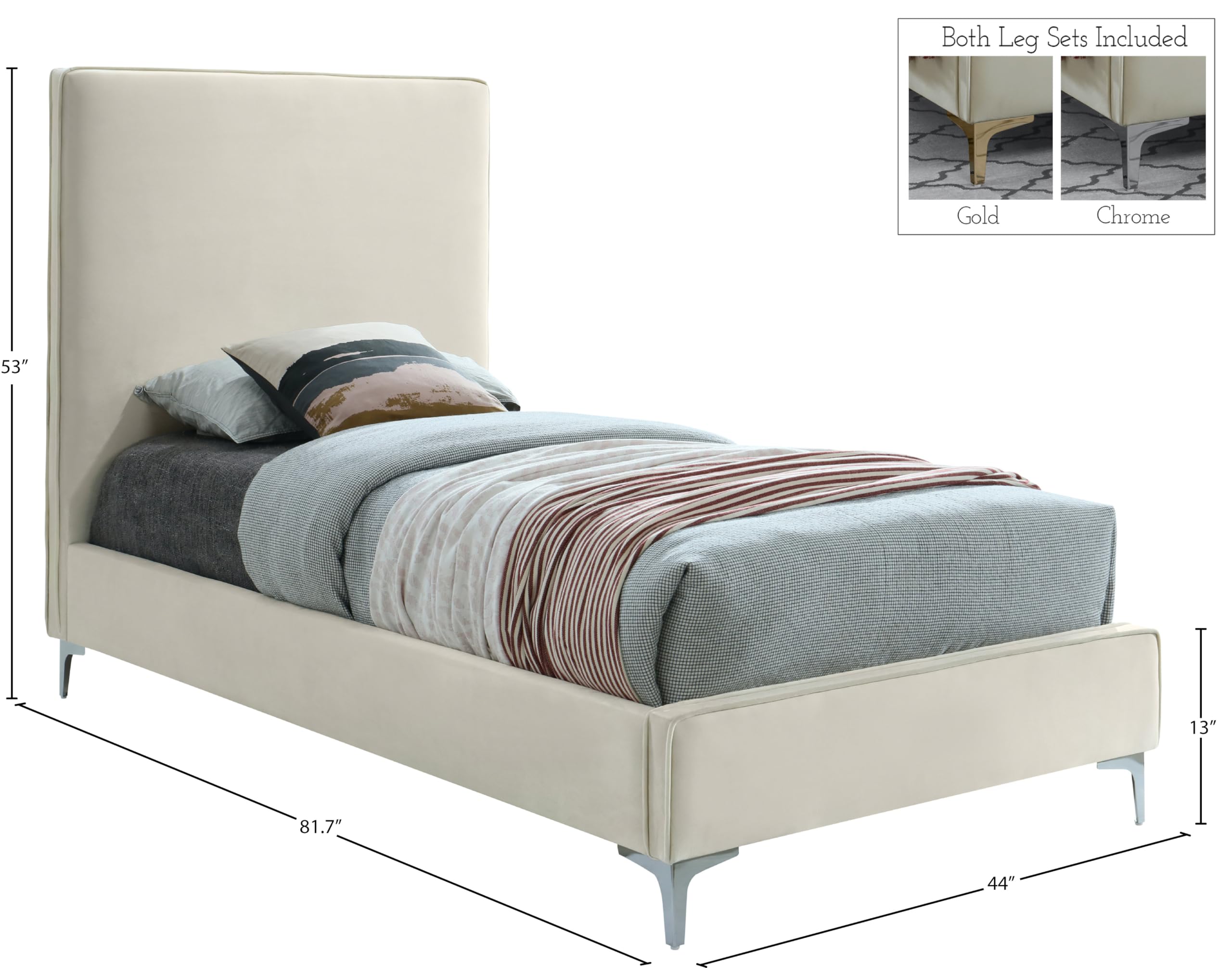 Meridian Furniture Geri Collection Modern Velvet Upholstered Bed - Twin Size Cream with Gold/Chrome Headboard | Luxury Bedroom Furniture for Contemporary Home Decor