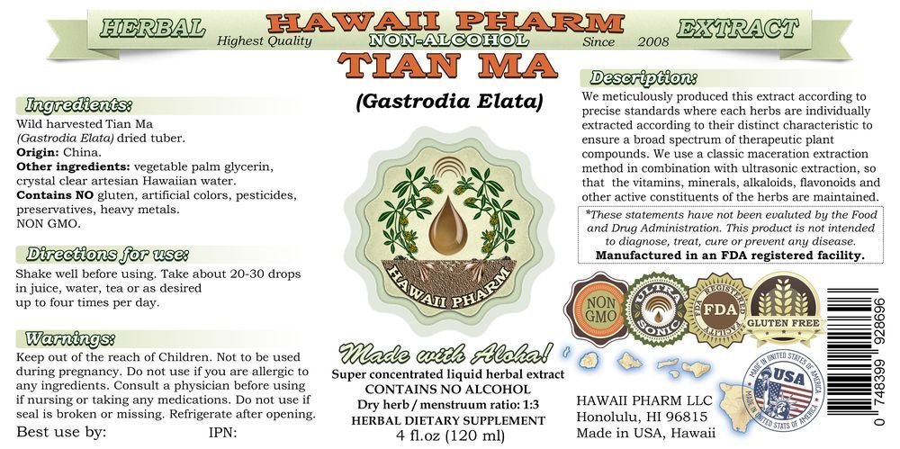 Alcohol-Free Tian Ma (Gastrodia Elata) Liquid Extract - Natural Herbal Supplement by Hawaii Pharm, USA (15x4 fl.oz) - Supports Nervous System & Promotes Relaxation for Stress Relief & Better Sleep