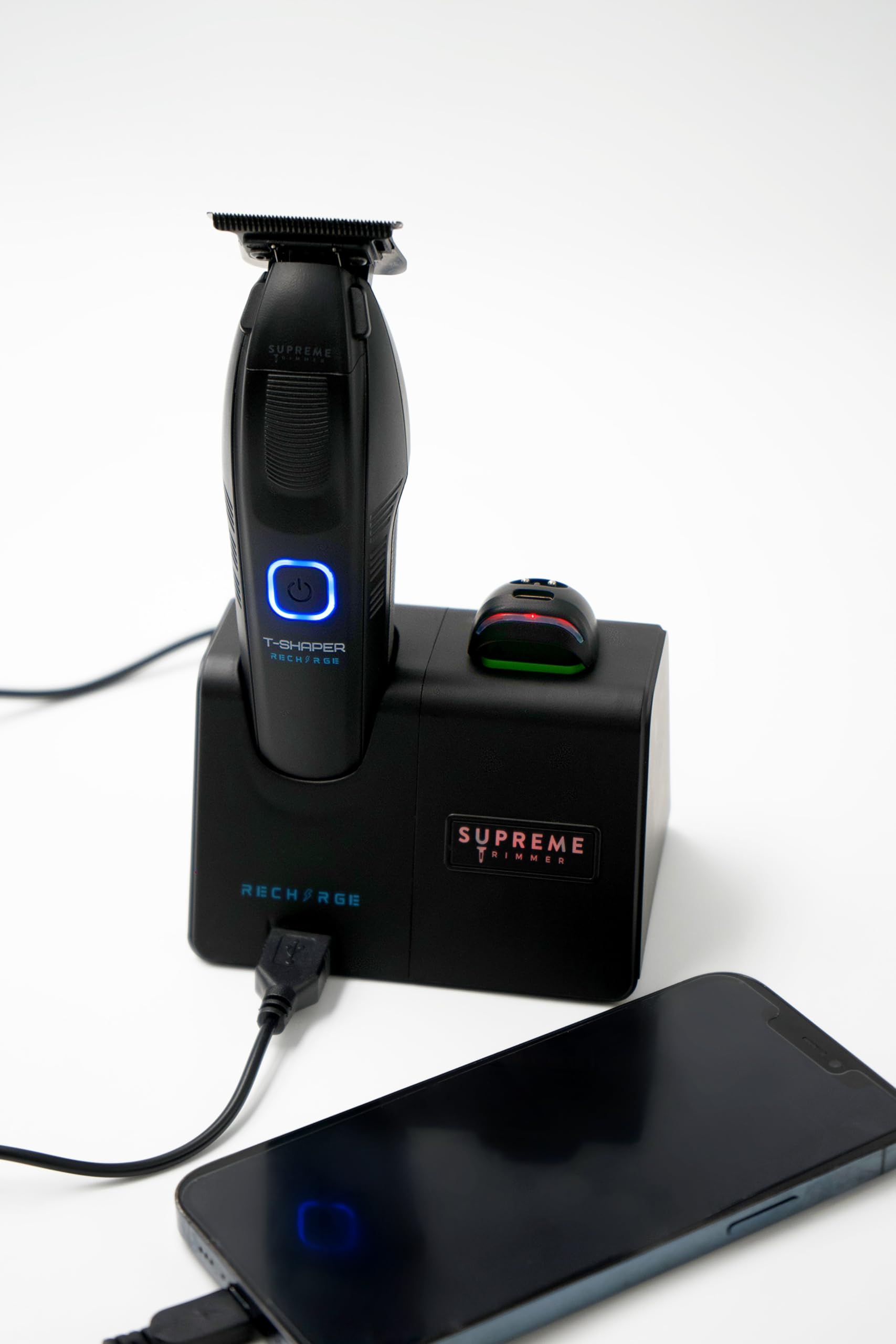 Supreme ST777 Professional Rechargeable Zero Gap Hair Trimmer for Barbers - 7500 RPM High Power, Removable Lithium Battery, Smart USB Charging Stand with Phone Charger (iPhone/Android Compatible) - Perfect for Salon, Home Haircuts & Beard Grooming - Matte Black