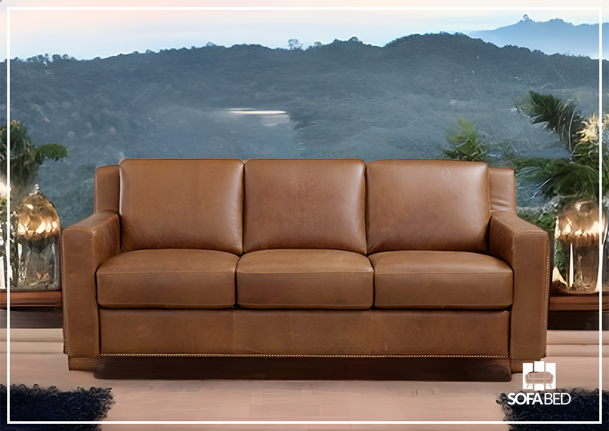 Kathy Ireland Alaves 3-Seater Brown Genuine Leather Queen Size Sleeper Sofa Bed - Convertible Couch for Living Room, Guest Room & Small Spaces