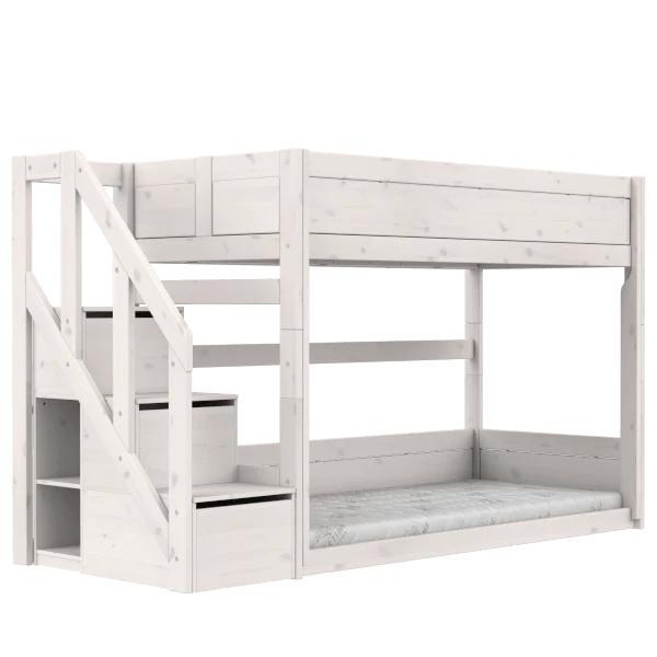 Low Bunk Bed with Staircase - Space-Saving Twin Over Full Loft Bed for Kids & Teens - Sturdy Wooden Bunk Beds for Small Rooms, Dorms & Shared Bedrooms - Perfect for Sleepovers & Sibling Rooms