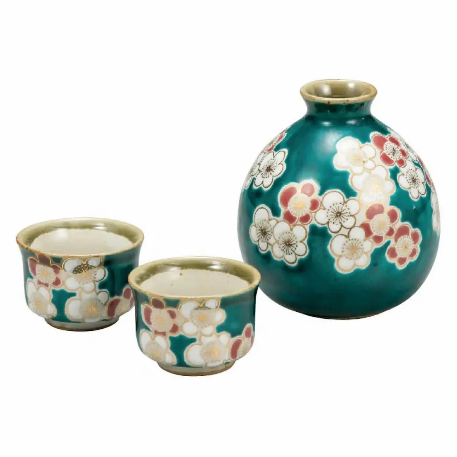 Authentic Kutani Ware Bizan Kiln Porcelain Sake Set Kouhakubai - Japanese Traditional Ceramic Sake Cups & Flask for Home Entertaining & Gift Giving