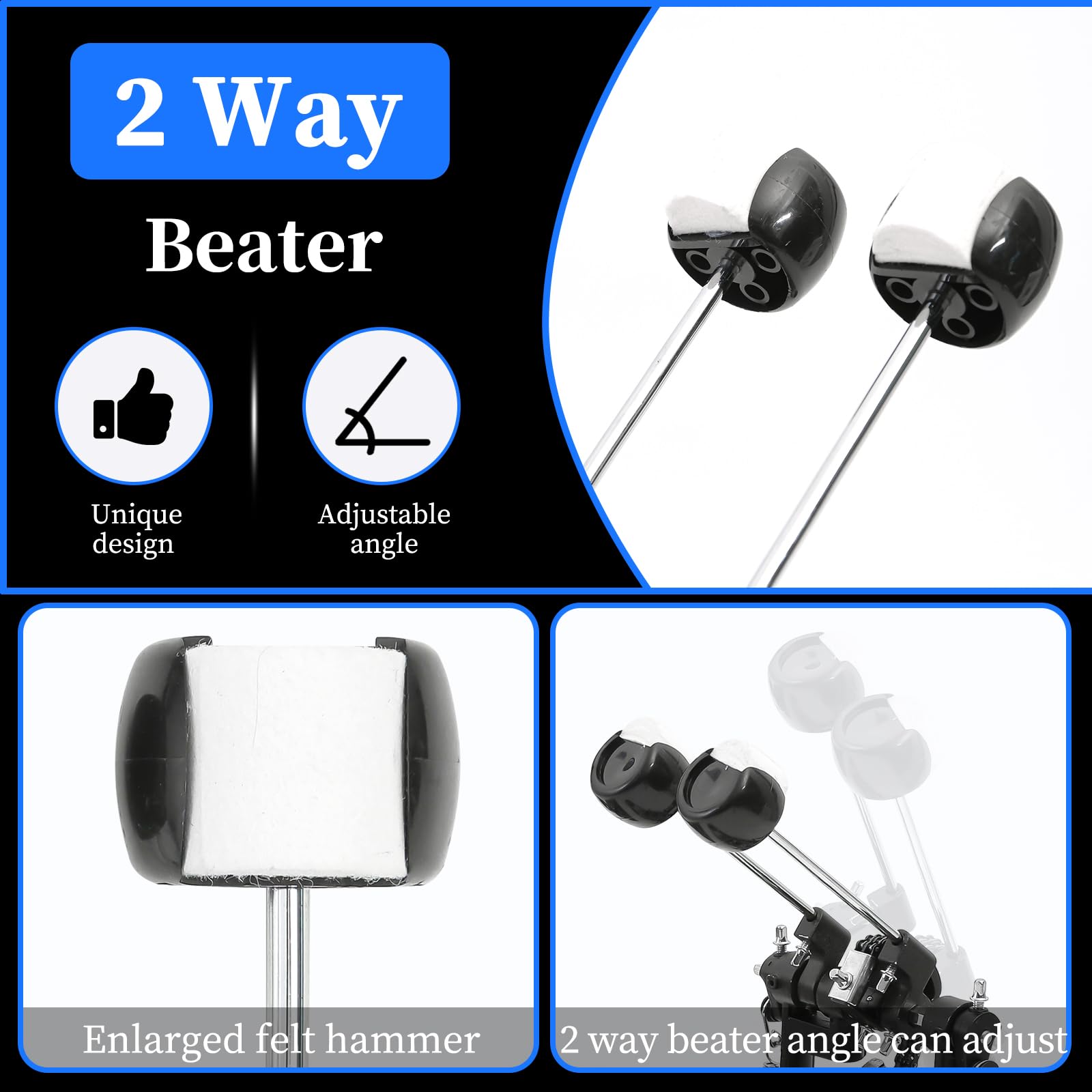 Double Bass Drum Pedal - Adjustable Beater Head & Chain Drive Kick Pedal with Drum Key | Perfect for Drum Sets & Electronic Drums | Stage Performances & Home Practice