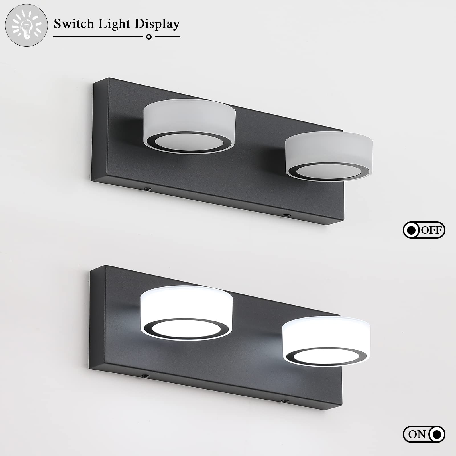 Joossnwell Modern Black LED Vanity Light - Dimmable Bathroom Lighting Fixture with 2 Lights, 6000K Cool White - Perfect for Mirror Wall Sconce in Bathroom, Bedroom, or Dressing Room