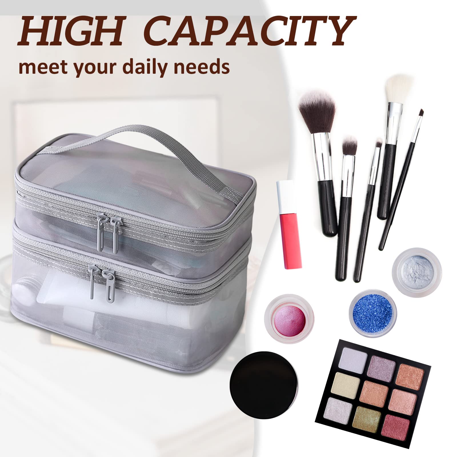 Double Layer Makeup Bag with Large Mesh & Dual Zippers - Waterproof Travel Cosmetic Organizer Pouch for Makeup Brushes, Toiletries & Accessories (Gray) | Perfect for Travel, Gym & Daily Beauty Storage