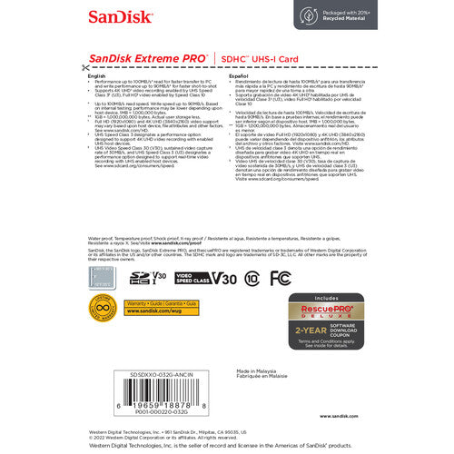 SanDisk Extreme PRO 32GB SDHC UHS-I Memory Card - 100MB/s High Speed for DSLR Cameras, 4K Video & Action Photography