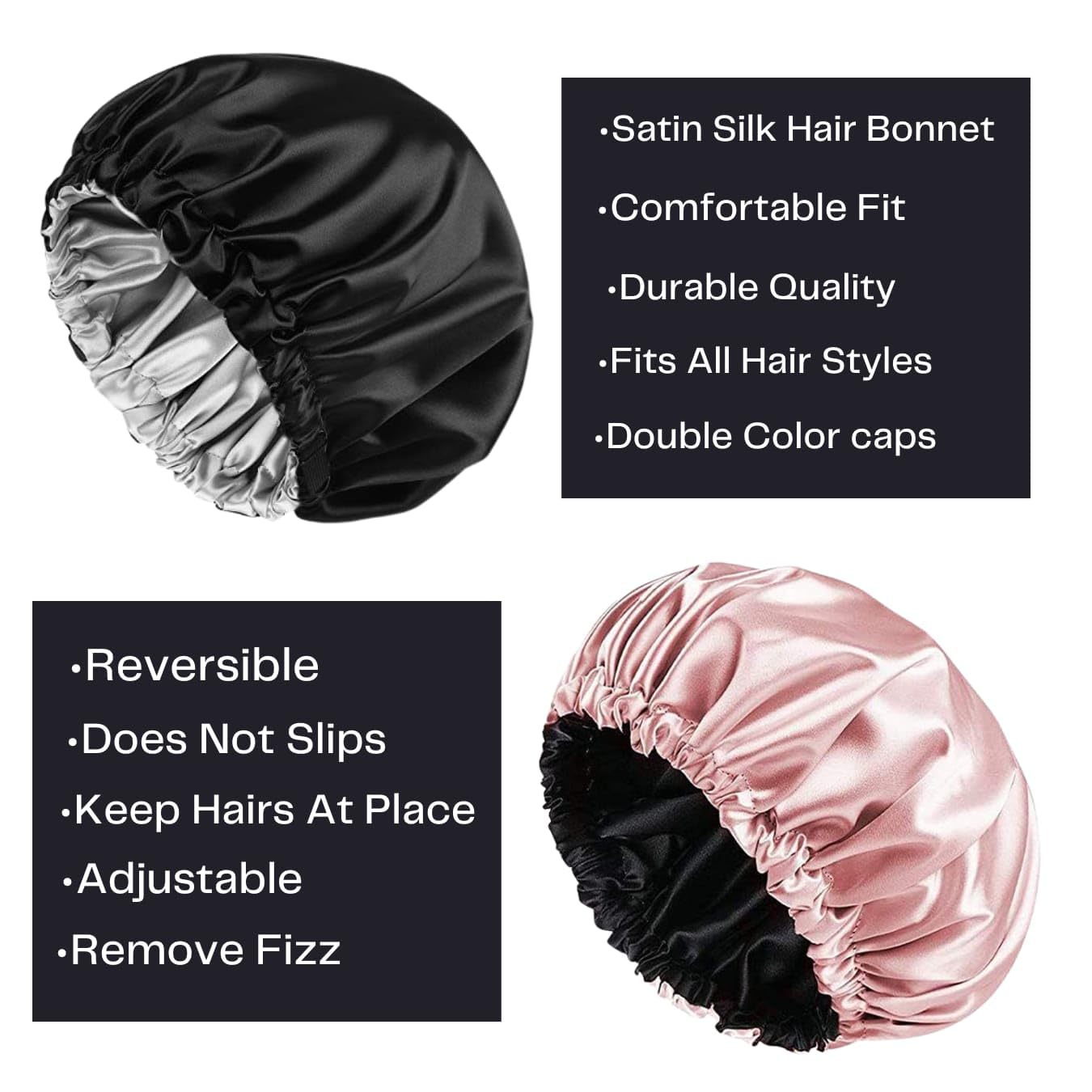 Attune Satin Silk Bonnet for Sleeping - Handmade Adjustable Silk Hair Bonnet & Shower Cap for Curly Hair | Women & Girls | Perfect Gift for Girlfriend, Sister & Mom (2 Pack, Pink & Black) | Protect Hair While Sleeping & Showering