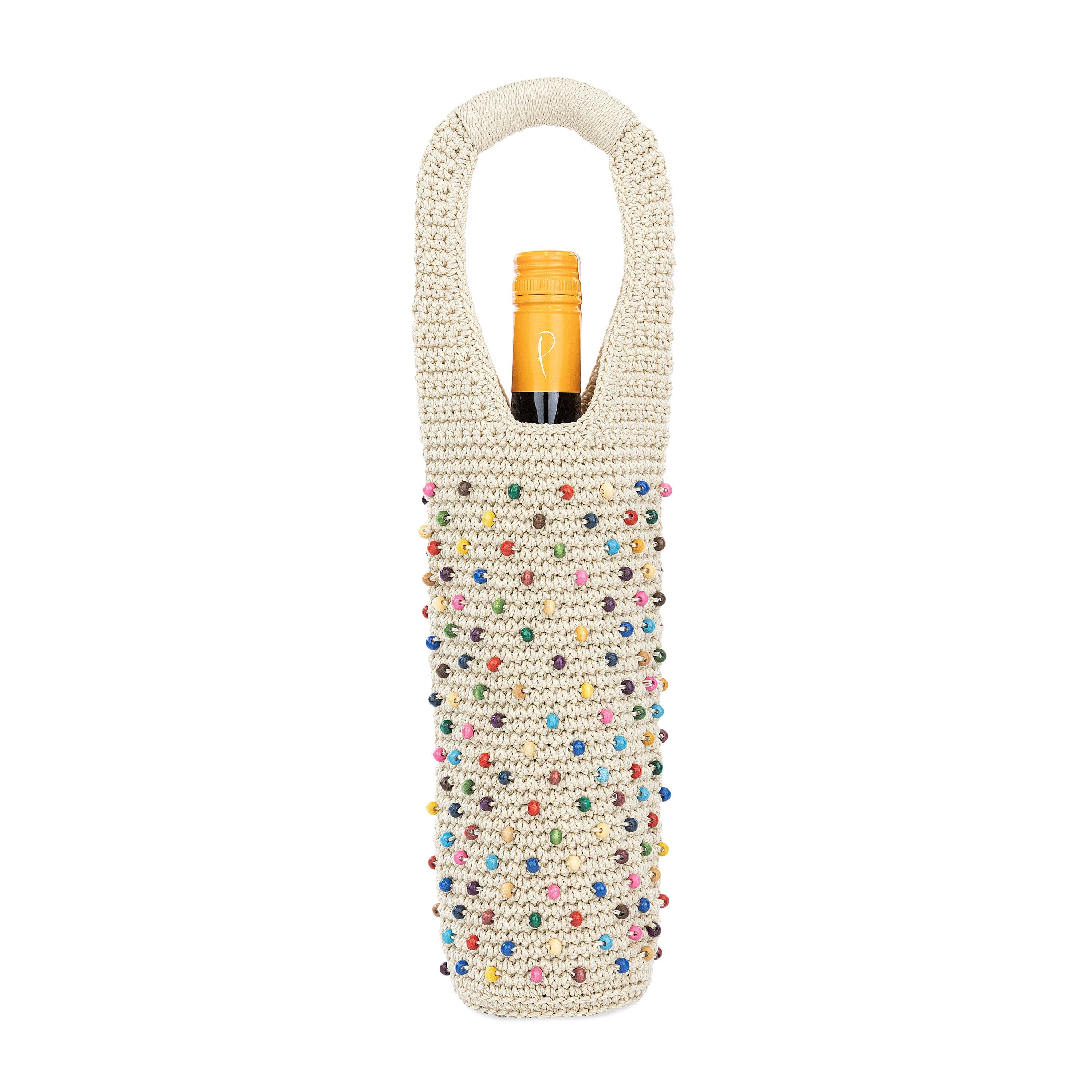Handmade Crochet Wine Bag with Ecru Multi Beads - Elegant Gift Wrap for Bottles, Perfect for Weddings, Parties & Special Occasions