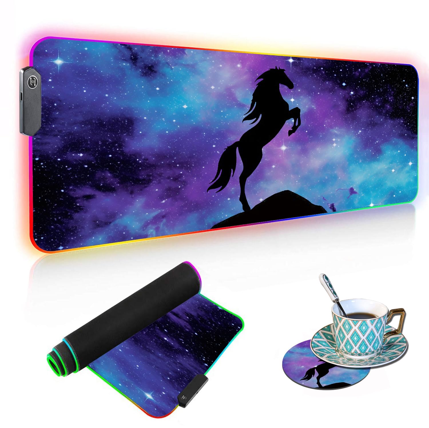 RGB Gaming Mouse Pad with LED Glow - XXL Blue Galaxy Nebula Horse Design (31.5