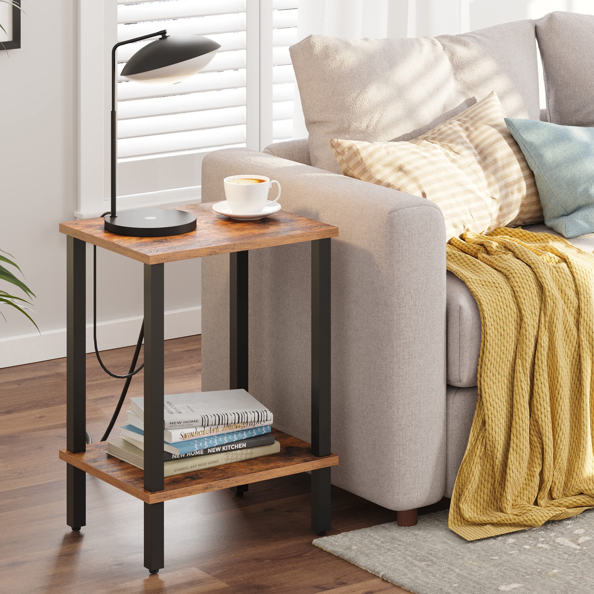 TUTOTAK 2-Tier End Table with Storage Shelf - Compact Side Table & Nightstand for Small Spaces - Perfect for Living Room, Bedroom, Dorm (Model TB01BB034) - Ideal for Holding Lamps, Books, and Bedside Essentials