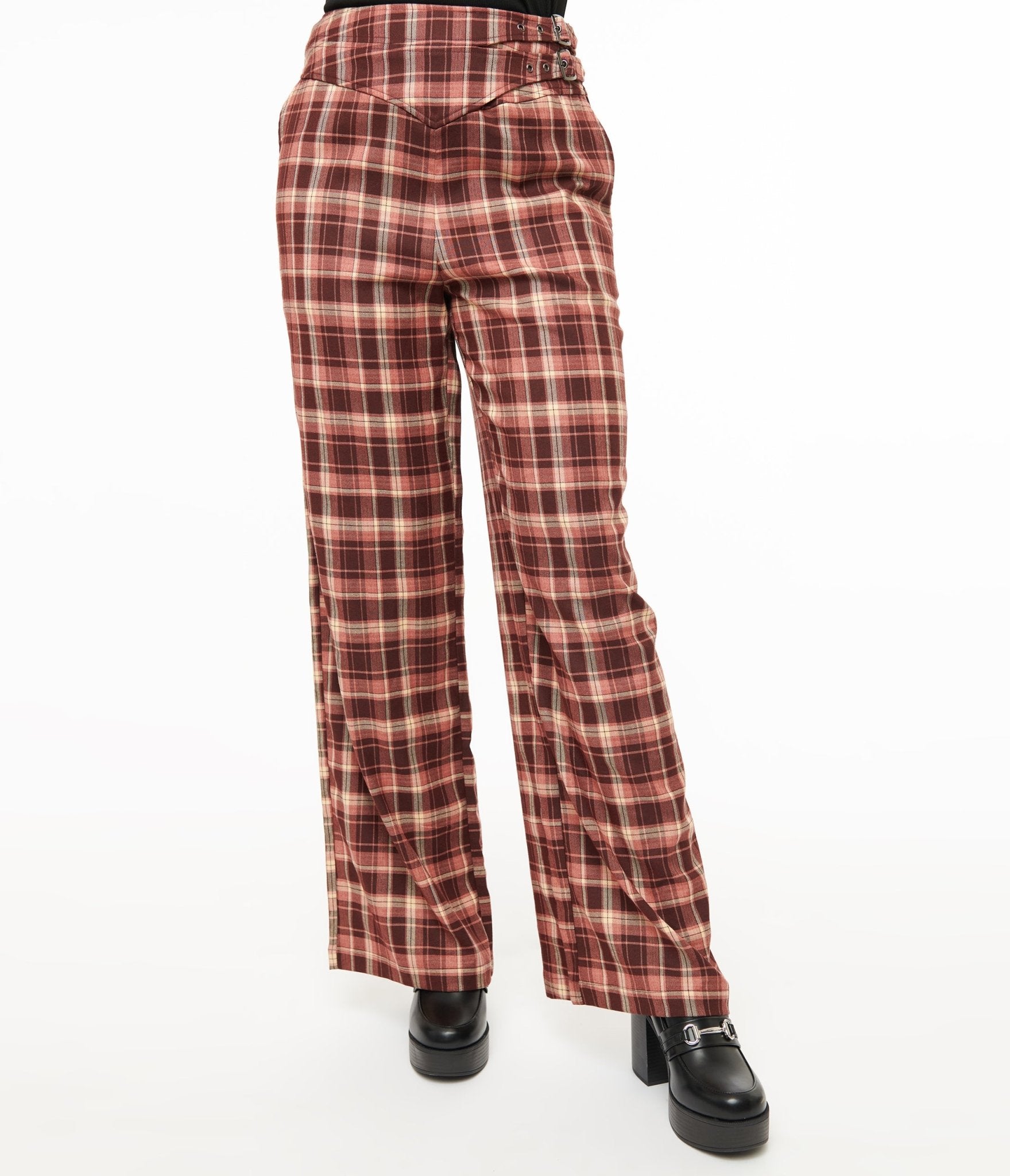 Vintage Burgundy Plaid High Waisted Double Belt Woven Pants for Women - Retro 90s Style Wide Leg Trousers for Office, Party & Casual Outfits
