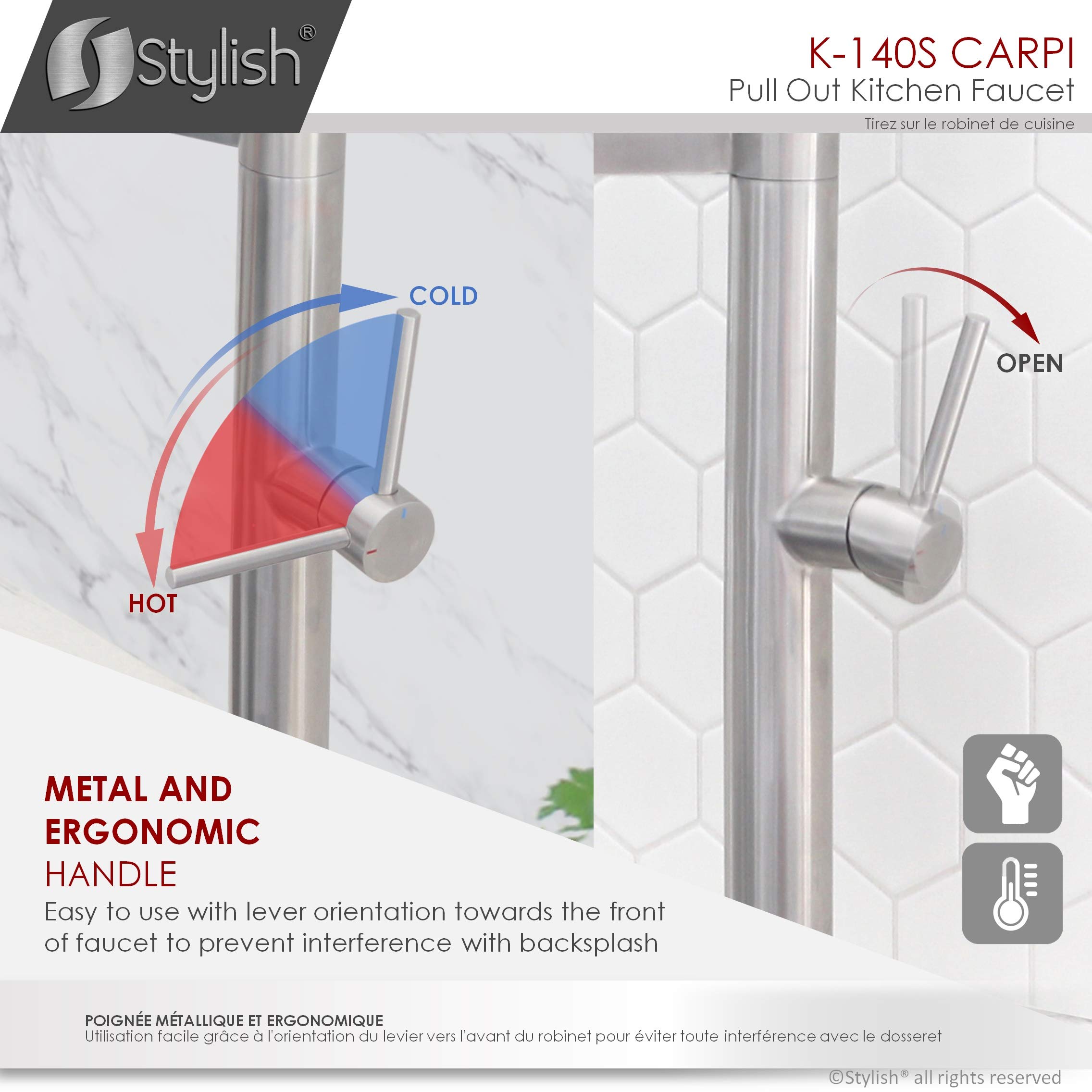 Stylish Pull-Out Kitchen Faucet with Sprayer - Brushed Stainless Steel Single Handle Sink Faucet, Dual Function with Silicone Black Hose, Ceramic Cartridge & Aerator (Model K-140S) - Perfect for Modern Kitchens, Dishwashing & Food Prep