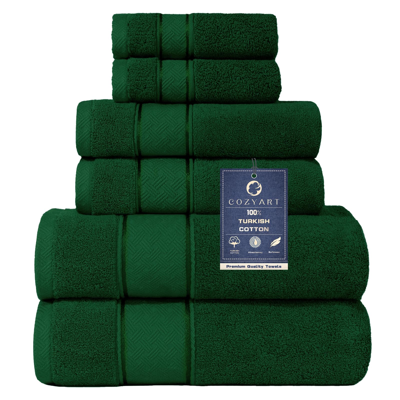 Luxury 6-Piece Green Bath Towel Set | 100% Turkish Cotton 650GSM Hotel Quality | Ultra Soft & Absorbent | Includes 2 Bath Towels, 2 Hand Towels, 2 Washcloths | Perfect for Spa, Bathroom & Guest Room Decor