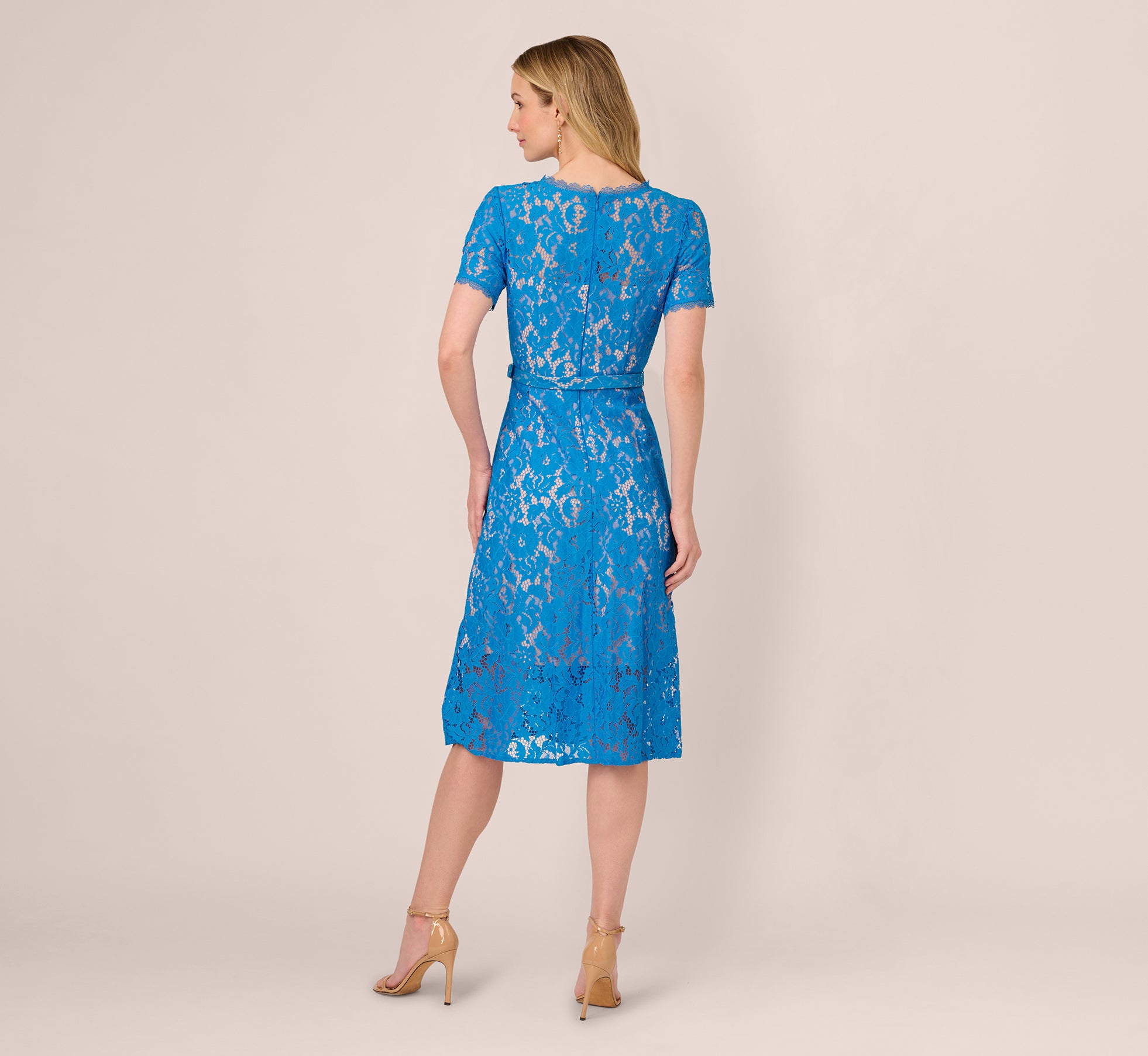 Blue Wave Short Sleeve Belted Lace Midi Dress for Women - Summer Beach Wedding Party & Vacation Outfit