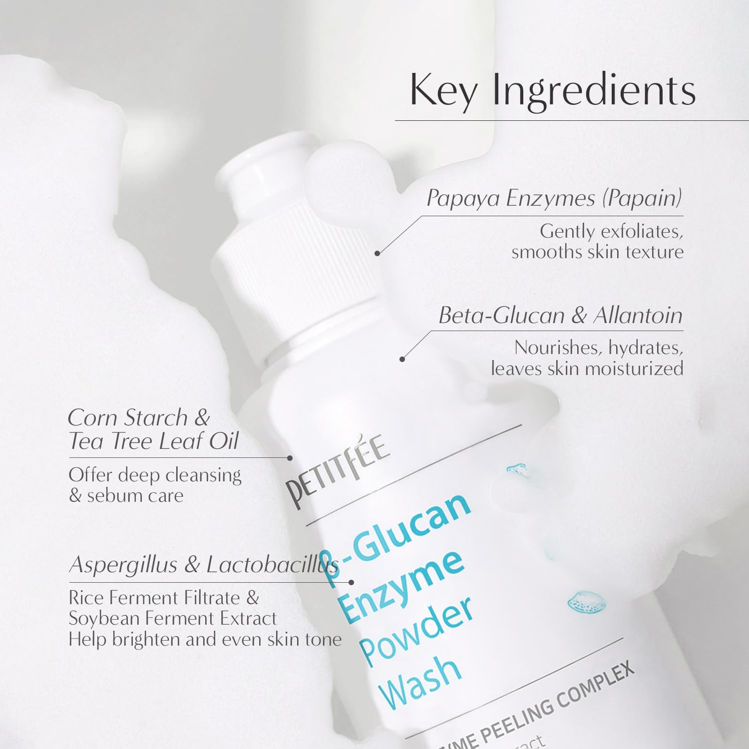 Petitfee B-Glucan Enzyme Powder Wash 2.82 oz (80g) - Gentle Exfoliating Facial Cleanser with Papaya Extract & Rice Ferment for Daily Use | Korean Skincare, Powder-to-Foam Cleanser for Sensitive Skin | Perfect for Morning Routine & Deep Cleansing