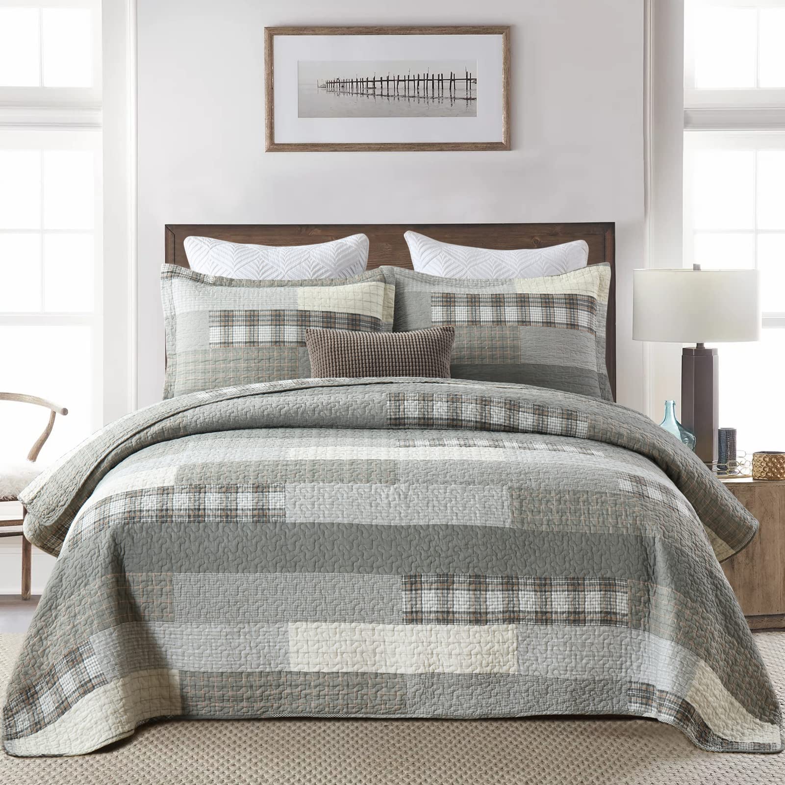 PERHOM Queen Size Quilt Bedding Set - Grey Patchwork Plaid Reversible Soft Bedspread, 3-Piece All Season Comforter for Bedroom, Guest Room & Dorm Decor