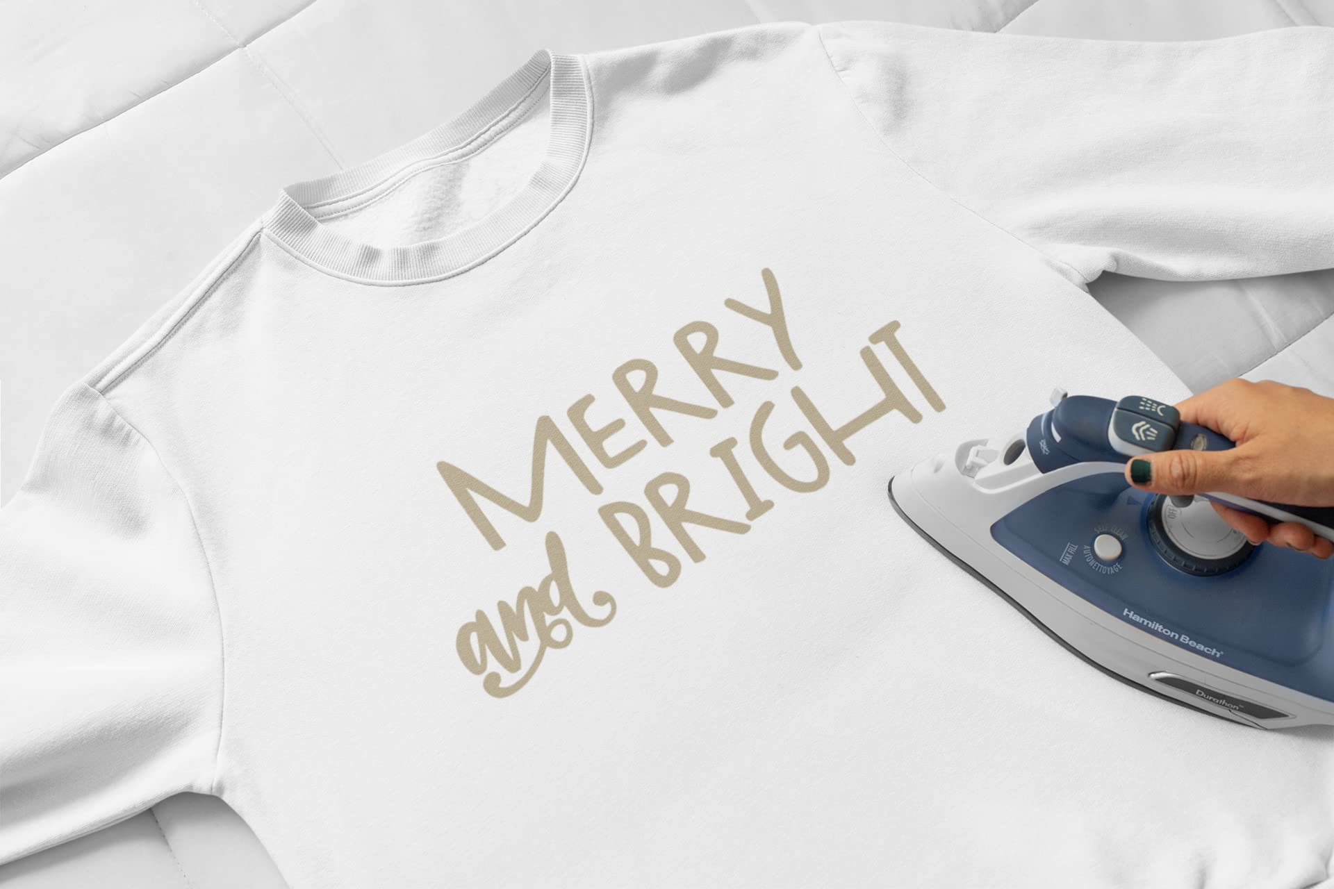 Merry and Bright Christmas Iron On Decal for Fabric - Gold Heat Transfer Vinyl for DIY Holiday Crafts, T-Shirts, Sweaters & Home Decor - Perfect for Holiday Gifts & Festive Apparel Decoration