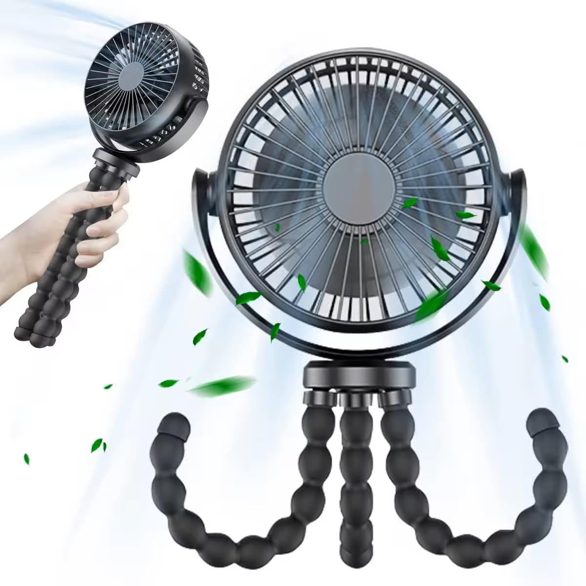 Portable Battery Operated Clip On Fan with Flexible Tripod - 3 Speed Adjustable, Rotatable Handheld Personal Fan for Stroller, Car Seat, Crib, Bike, Treadmill | Perfect for Indoor & Outdoor Cooling (Black)