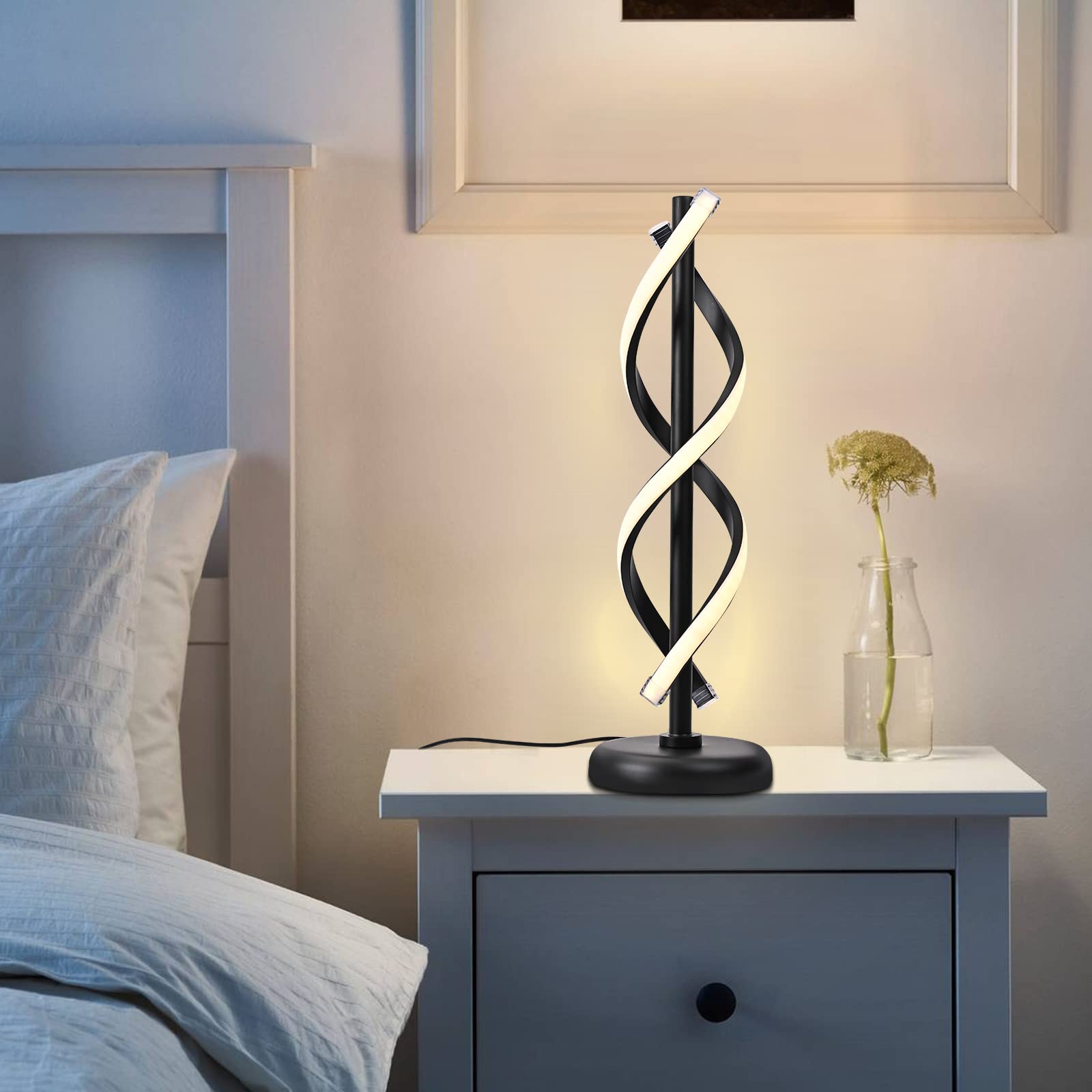 IYUNXI 12W Modern Spiral LED Table Lamp - Dimmable, Color Changing, Push Button Control - Black Metal Nightstand Lamp for Living Room, Bedroom, Office - Perfect for Reading, Relaxing & Decor