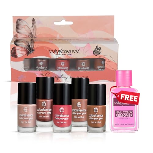 COLORESSENCE Everyday Nail Polish Kit - 5 Long Lasting Nude Shades with Velvet Finish | Chip Resistant & Free Nail Polish Remover | Perfect for Daily Wear, Office, Parties & Special Occasions