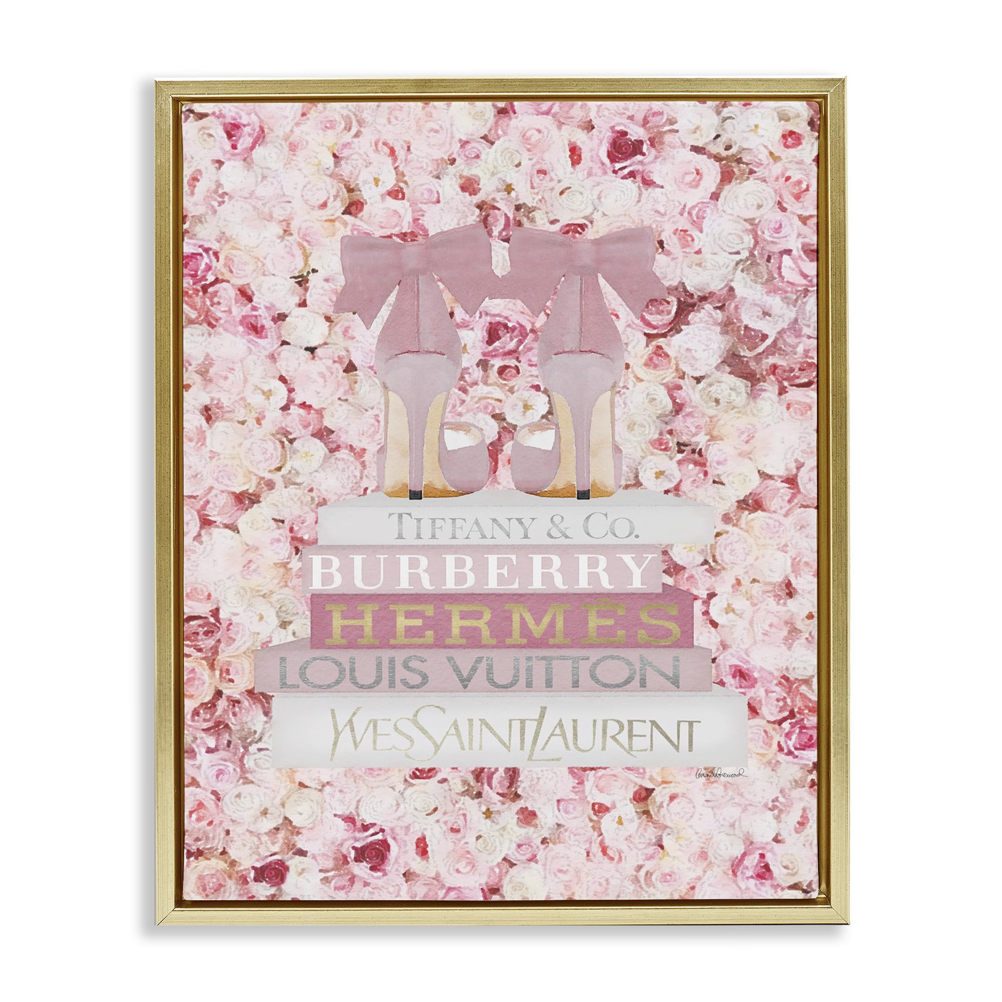 Stupell Industries Pink Fashion Heals Wall Art with Glam Books & Rose Details - Floater Frame by Amanda Greenwood - Perfect for Bedroom, Living Room & Office Decor