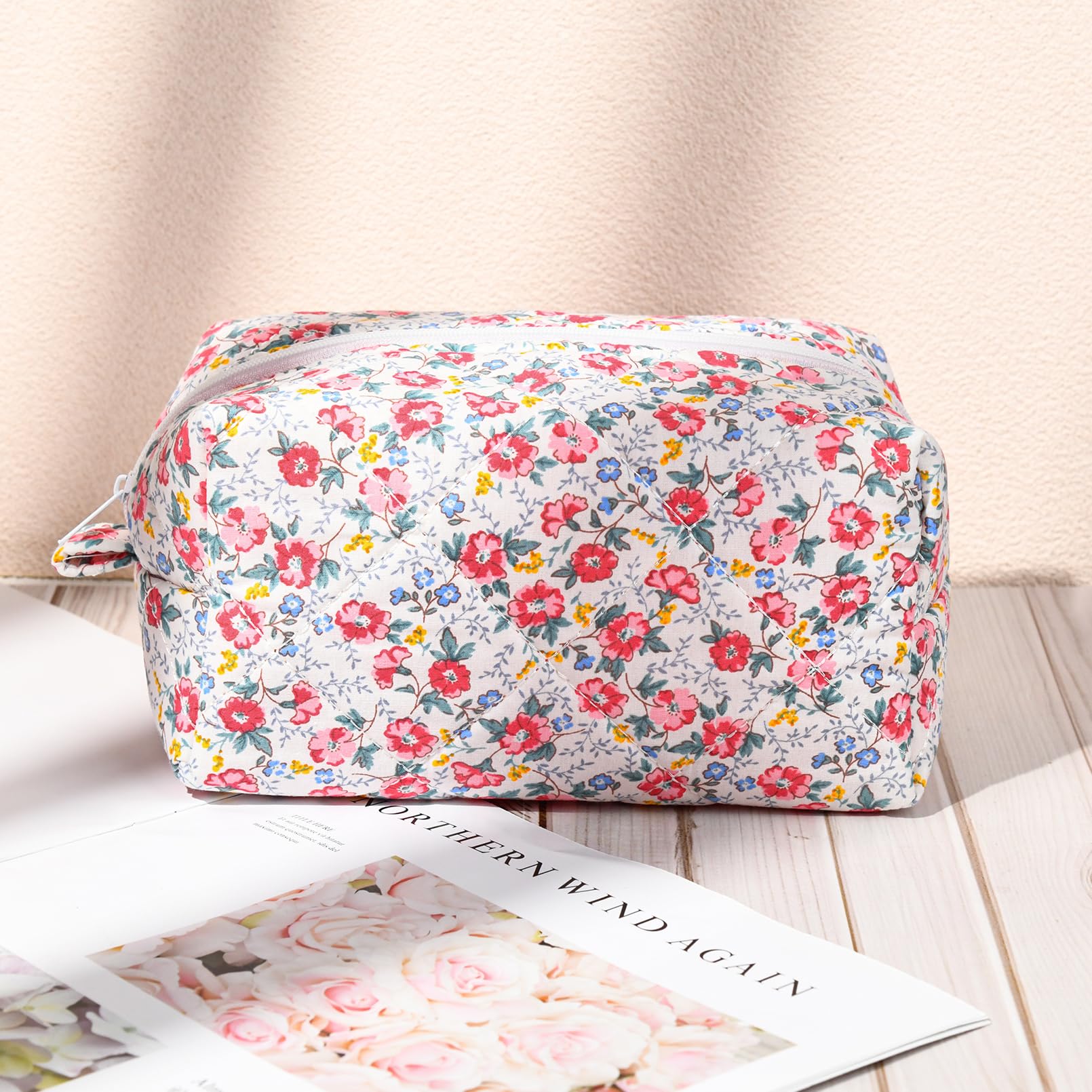 Floral Quilted Cosmetic Bag for Women - Puffy Coquette Makeup Pouch with Aesthetic Design, Cute Travel Toiletry Organizer & Cotton Makeup Brushes Storage Bag - Perfect for Travel, Gym, and Daily Beauty Essentials
