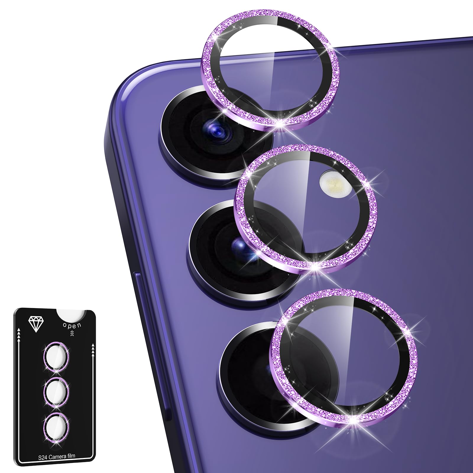 Samsung Galaxy S24 Plus Camera Lens Protector - Tempered Glass Cover with Metal Ring, Strong Adsorption, Scratch Resistant, Ultra-Thin HD Clear (Purple Sparkly) - Perfect for Outdoor Adventures, Travel & Daily Protection