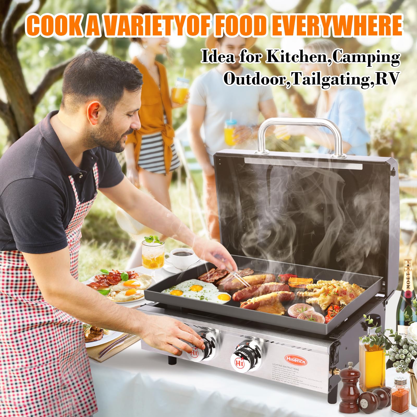 Hisencn 22 Inch Nonstick Camping Griddle - 369 sq. in. Cooking Surface, 24000 BTUs, Portable Outdoor Griddle for Gas Grill with Hood & Carry Bag - Perfect for Tailgating, RV, Camping, Picnics & Backyard BBQs