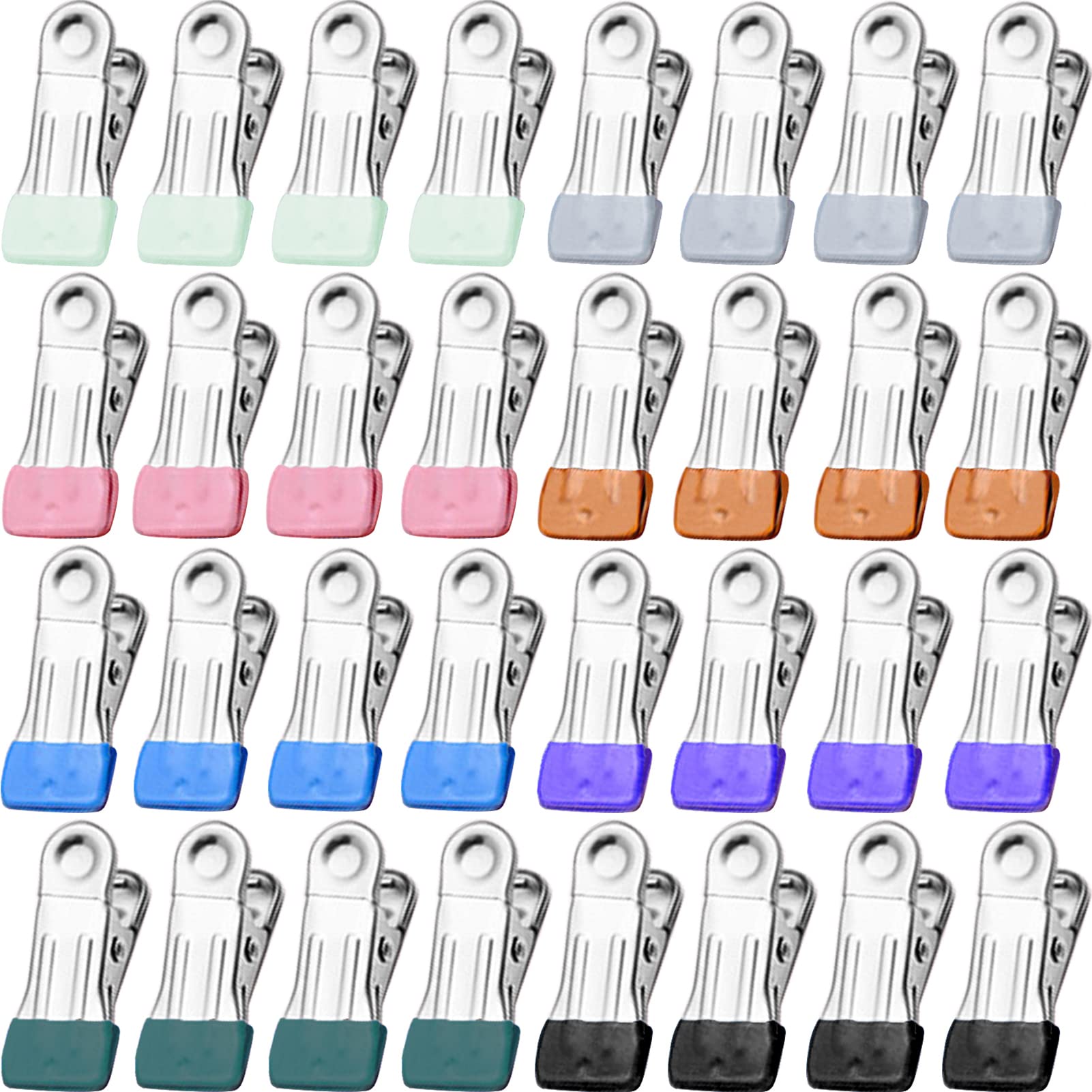 32 Pack Stainless Steel Colored Clothespins - Heavy Duty Metal Clips for Laundry, Clothesline, Socks & Towels | Multipurpose Use for Hanging Clothes, Photos & Snack Bags | Durable Rustproof Design for Indoor/Outdoor Use