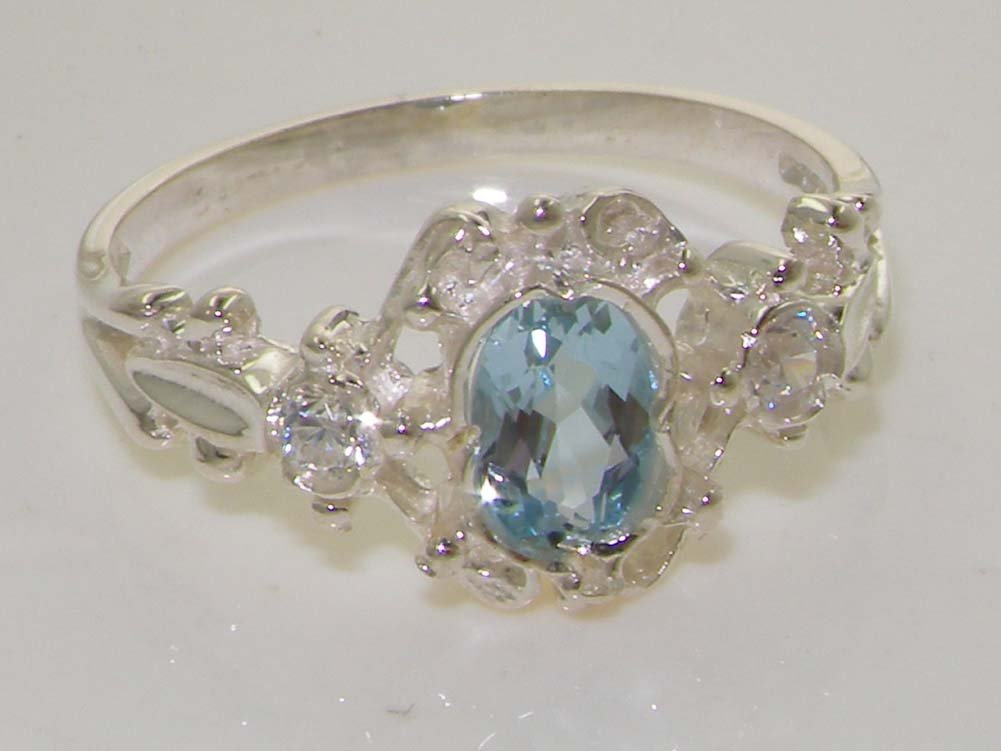 10K White Gold Cubic Zirconia & Genuine Aquamarine Women's Band Ring - Elegant Wedding, Engagement & Anniversary Jewelry Gift for Her