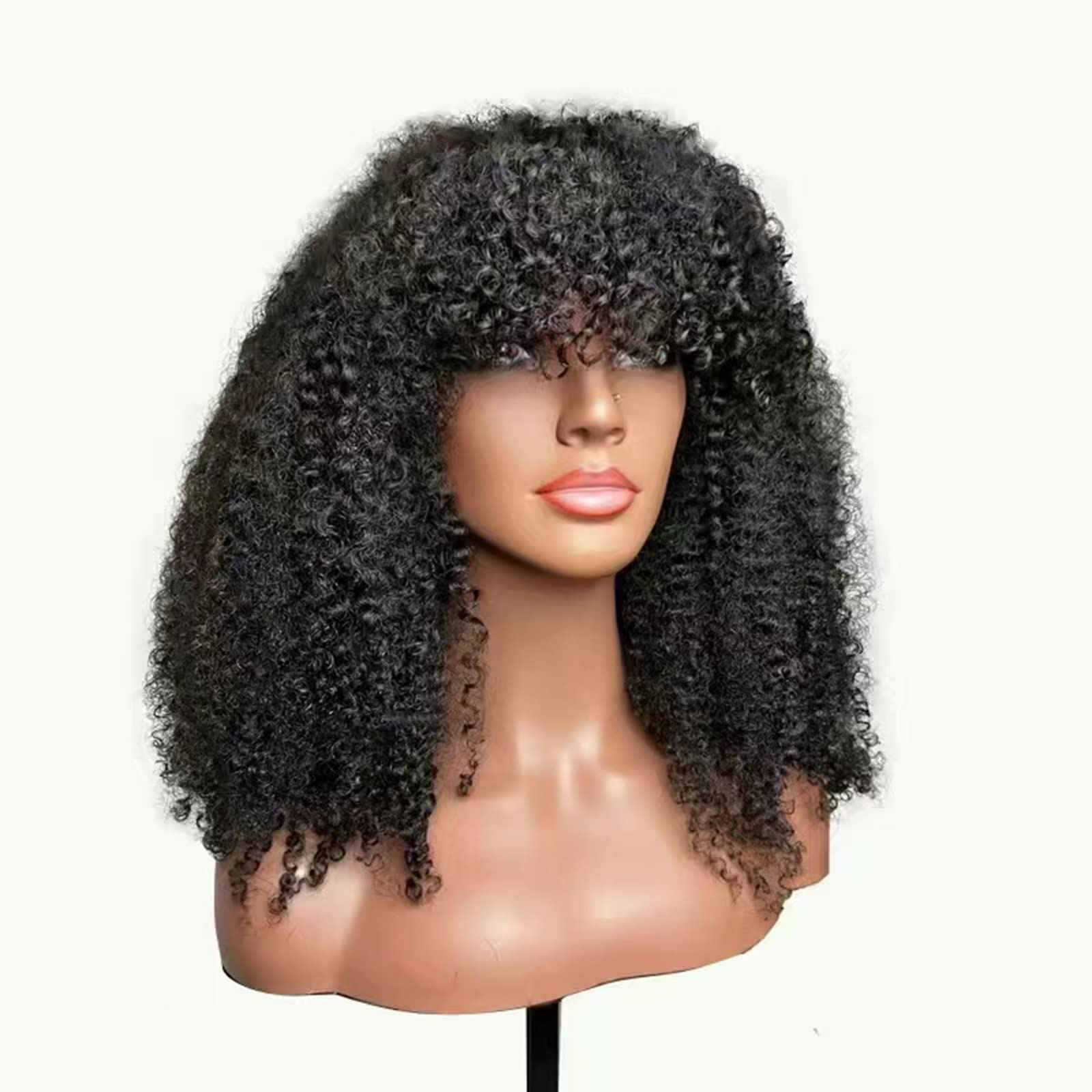 200% Density Afro Kinky Curly Human Hair Wig with Bangs - Brazilian Remy Hair - Machine Made Scalp Top - Natural Color Short Curly Wigs (14 inch) for Black Women, Cosplay, Daily Wear & Special Occasions