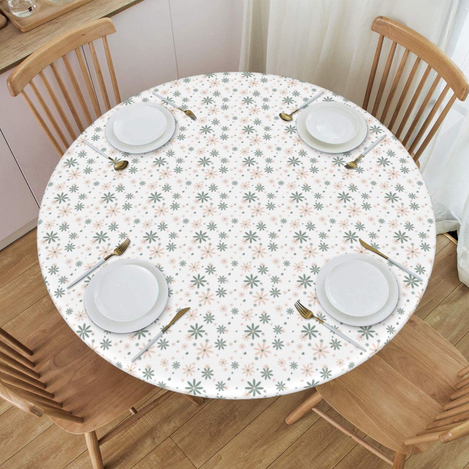Waterproof Elastic Round Tablecloth with Floral Design - Wipeable, Fitted Table Cover for Indoor & Outdoor Use - Perfect for Picnics, Parties, and Dining Decor