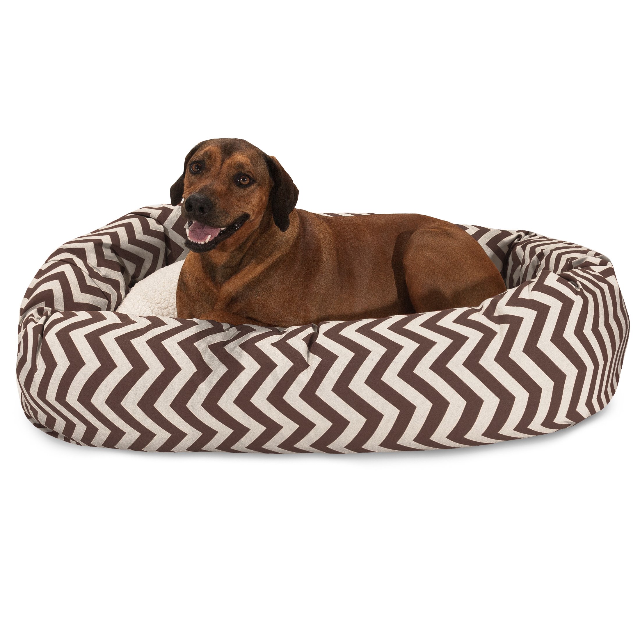 Majestic Pet 52 Inch Chevron Sherpa Calming Dog Bed - Washable Round Orthopedic Pet Bed with Head Support - Extra Large Fluffy Donut Dog Bed 52x35x11 Inches - Chocolate Brown - Perfect for Large Dogs, Arthritis Relief & Cozy Nap Time