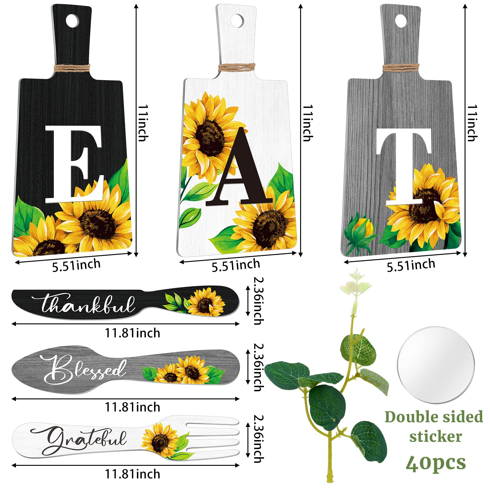 Bucherry Set of 6 Sunflower Kitchen Wall Decor - Wooden Fork and Spoon Wall Hanging Plaques with Eat Signs - Farmhouse Style Kitchen Accessories for Dining Room, Country Kitchen, and Rustic Home Decor