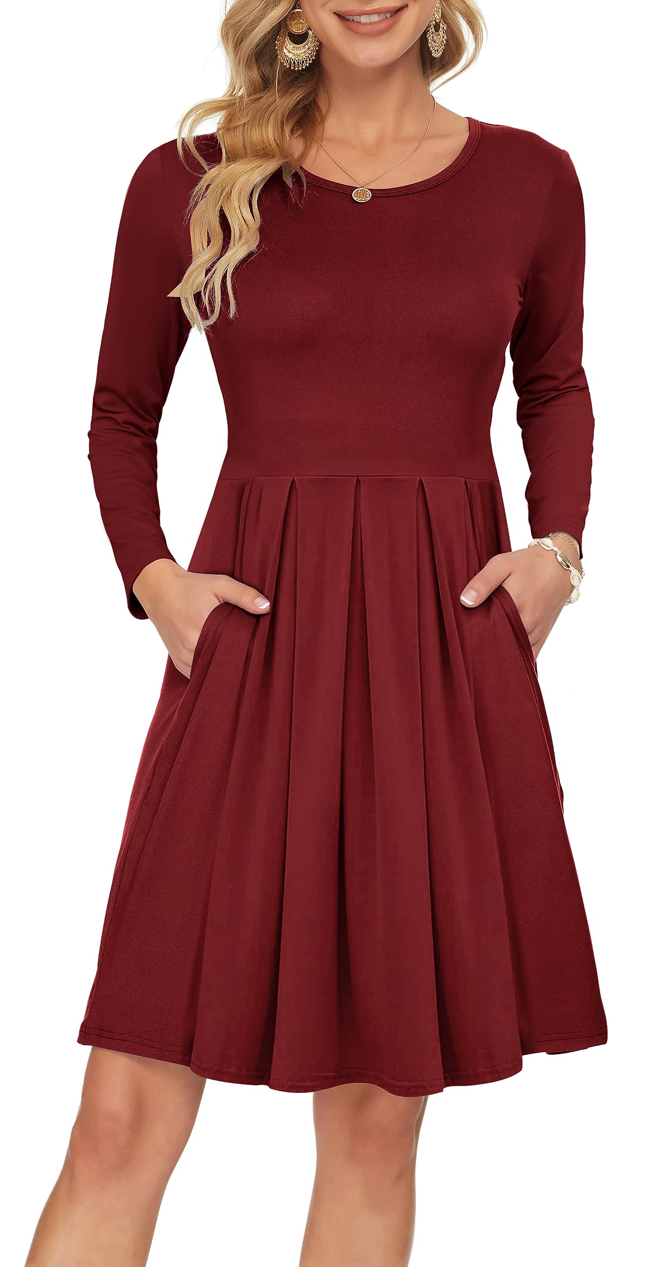 AUSELILY Women's Long Sleeve Pleated Swing Dress with Pockets - Knee Length Casual Loose Fit Dress for Work, Date & Travel 2025 New Collection